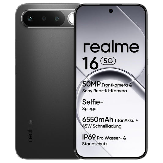 realme 16 5G Smartphone, 6GB+256GB, 120Hz AMOLED Display 6.57", 6550mAh Battery, 50MP Sony IMX852 Camera, IP69Pro, 45W Fast Charging, Dual SIM, NEXTAi, Black (Without Charger) - 6941764487024
