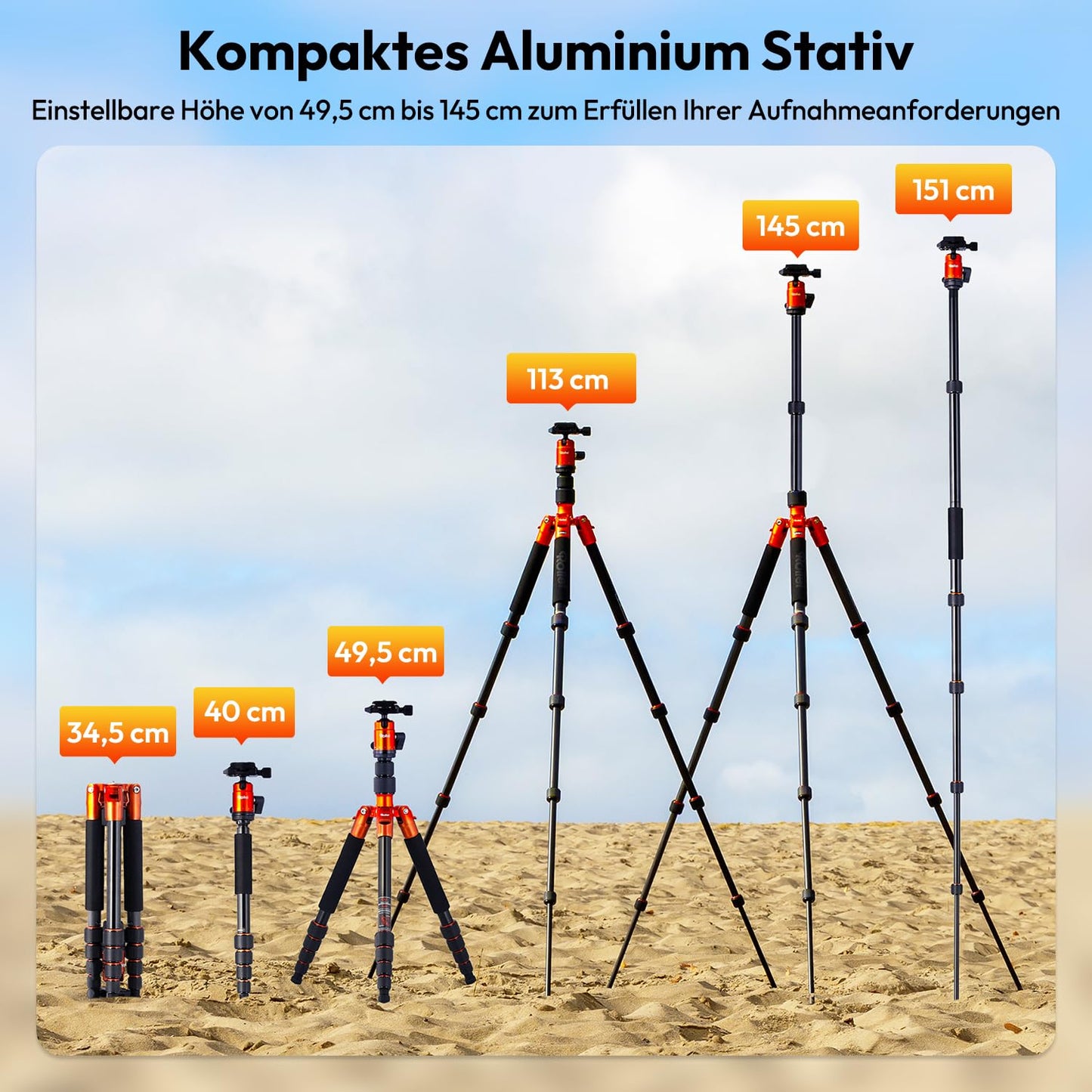 Rollei Compact Traveler No.1 Orange, 145cm Tripod Camera with Ball Head Lightweight Travel Tripod Made of Aluminum Photo Tripod Compact Arca Swiss Compatible Camera Tripod & Monopod for DSLR and Smartphone - 20934