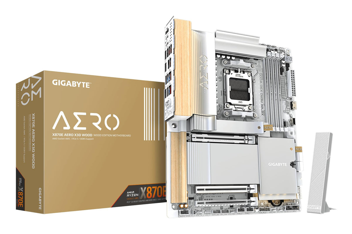 GIGABYTE X870E AERO X3D Wood Mainboard - Supports AMD Ryzen 9000 CPUs, digital 16+2+2 phase VRM, up to 9000Hz DDR5 (O.C.), 2xPCIe 5.0 + 2xPCIe 4.0, Wi-Fi 7, 5GbE LAN, USB 4
