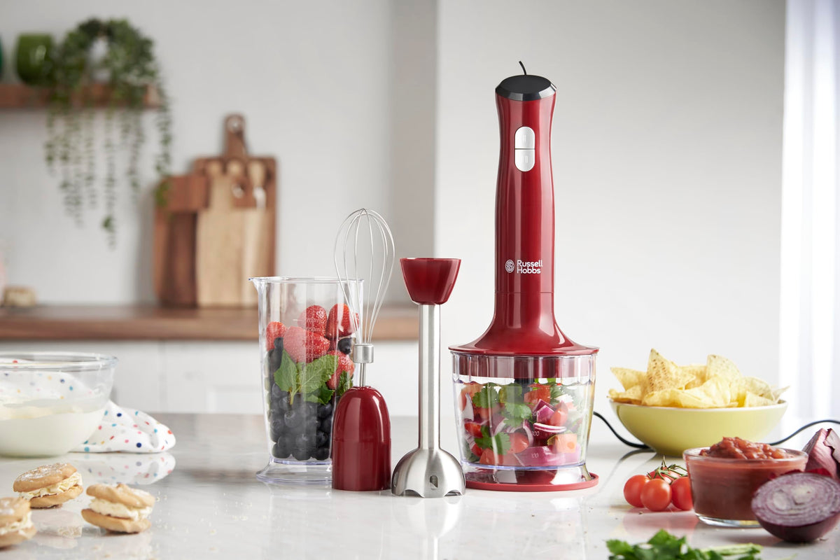 Russell Hobbs Stabmixer [3-in-1: Pürierstab/Zerkleinerer, Mixer- & Schneebesenaufsatz] Desire Rot (accesorii fără BPA și lavabile în mașina de spălat vase, pentru smoothie-uri, supe, sosuri, iaurt, mâncare pentru bebeluși) 24700-56