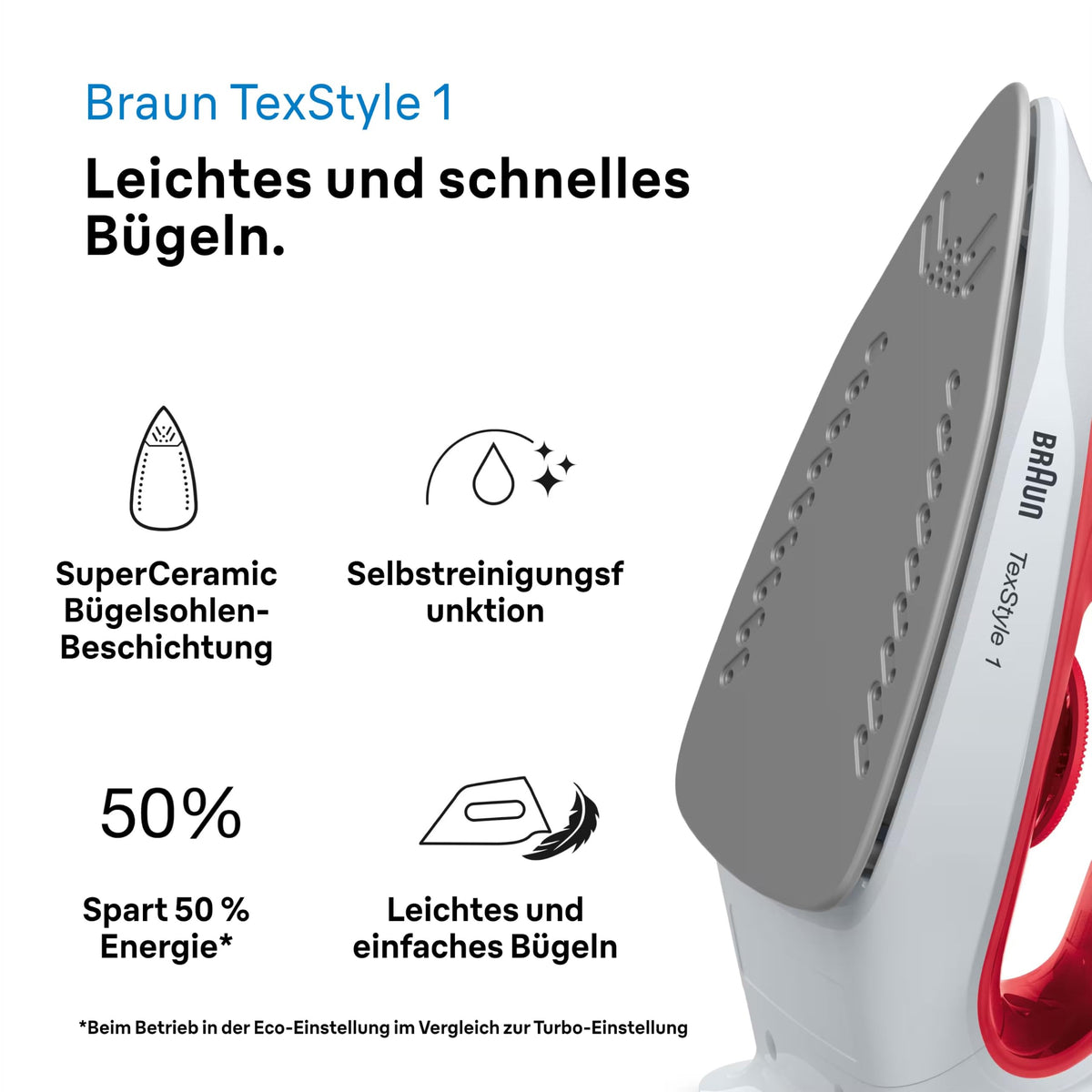 Braun Fier de călcat cu aburi TexStyle 1 SI1019RD, fier de călcat, talpă antiaderentă, 120 g/min impuls de abur, potrivit pentru apă de rețea, încălzire rapidă (35 sec.), 220 ml, 1.900 Watt, roșu