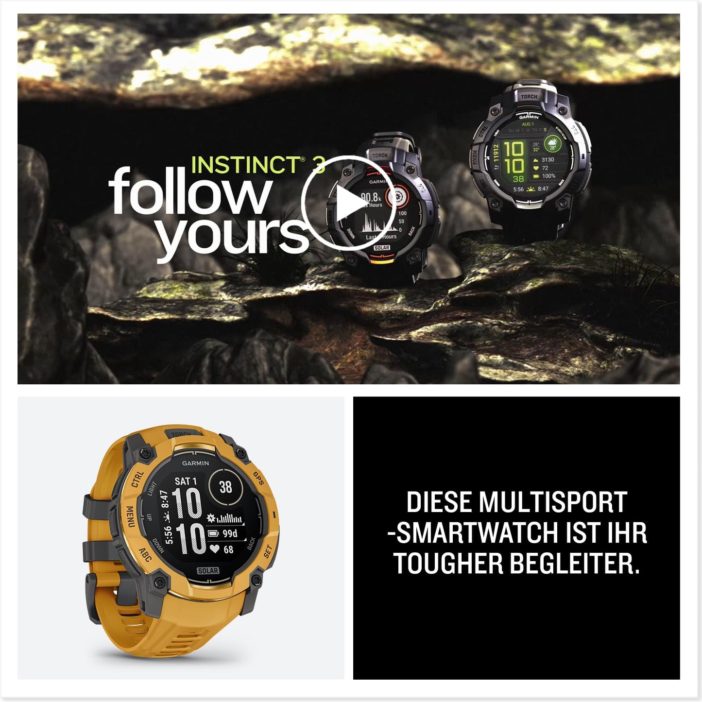 Garmin Instinct 3 45mm SOLAR - GPS multisport smartwatch, 0.9" display, up to 28 days battery life, 80+ sports apps, navigation function, smart features, LED flashlight, waterproof - 010-02934-02