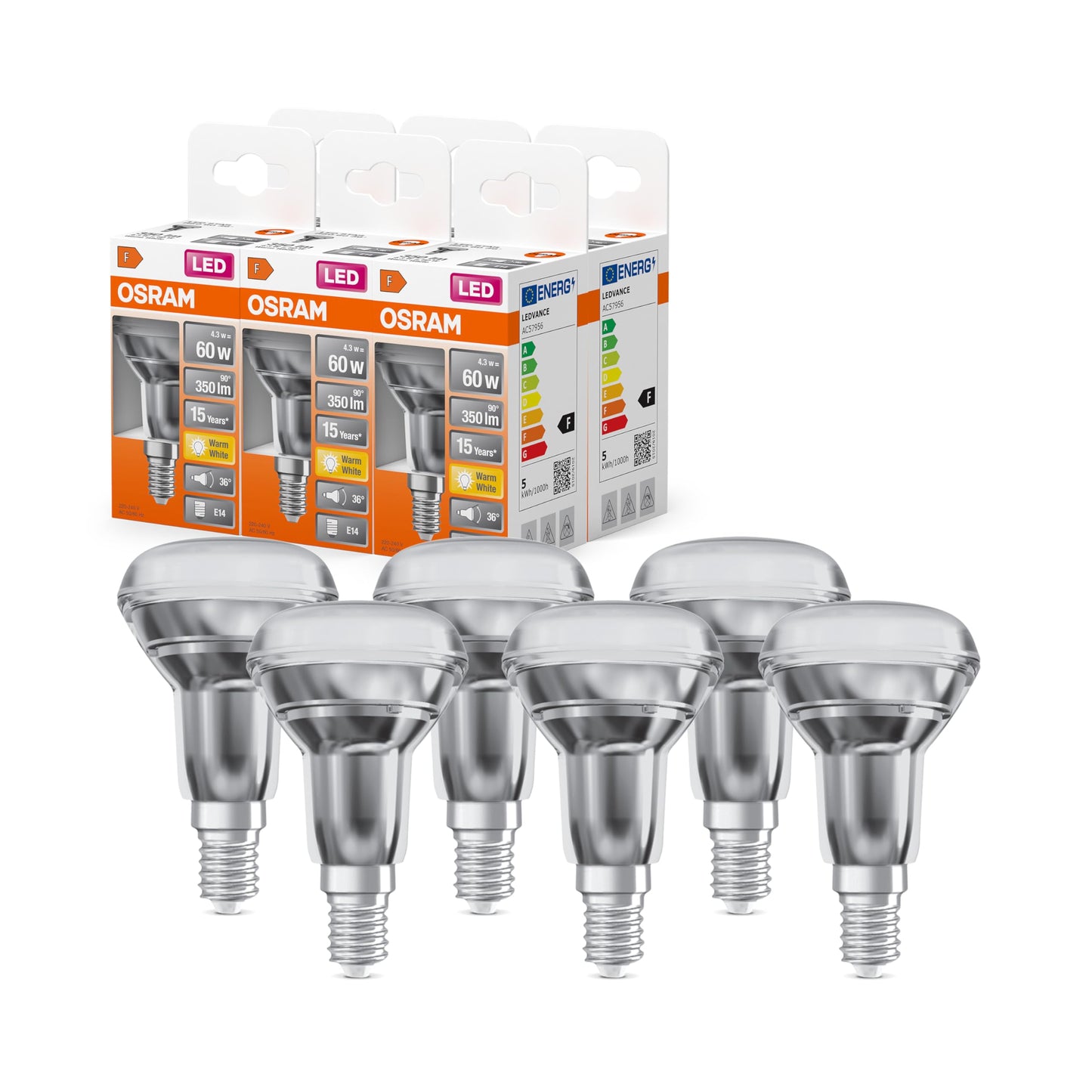 Osram LED Star R50 LED lamp for E14 base, reflector lamp, GL, 350 lumens, warm white (2700K), replacement for conventional 60W light bulbs, not dimmable, pack of 6 - 4058075616417