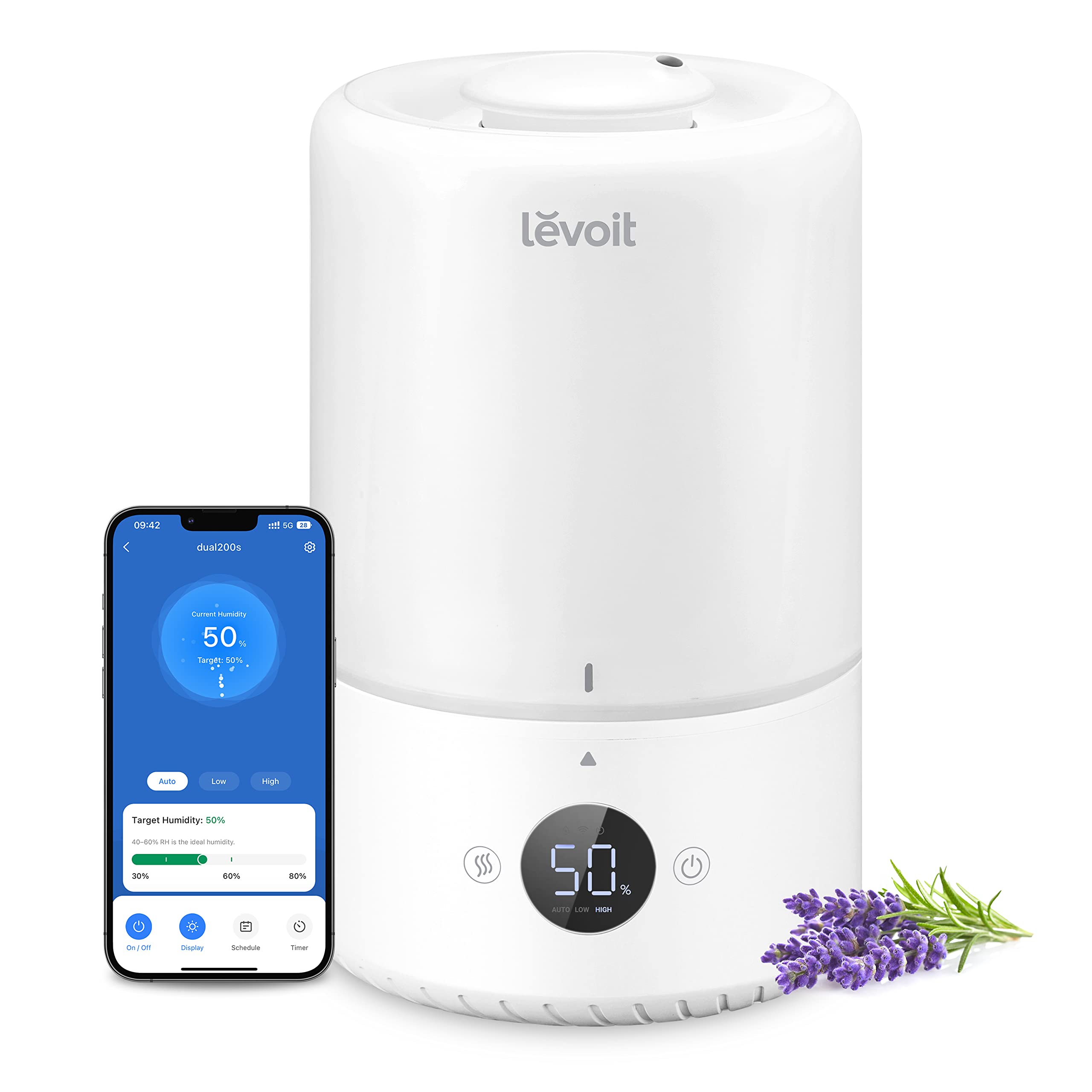 LEVOIT 3L 19dB Umidificator cu umplere superioară, Duze rotative 360°, Umidificator cu aburi reci, 25H, Umidificator de cameră și difuzor de aromă pentru camera copiilor, Dormitor, Plante, Oprire automată, Alb - LUH-D301S-WUS