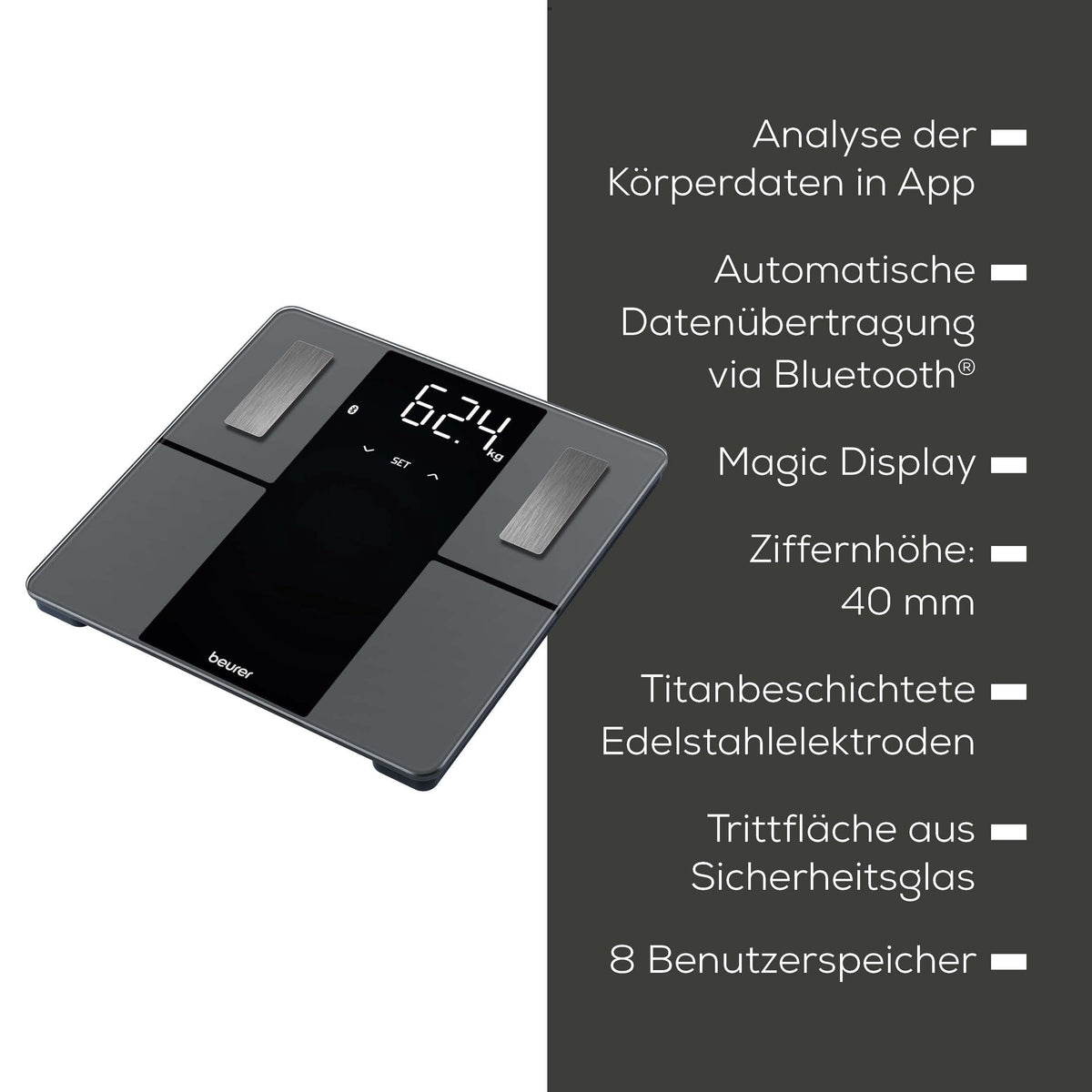 Beurer BF 500 Personal Scale with Bluetooth & App, digital body fat scale measuring body fat, muscle mass, calorie needs, etc., XL display, data transfer to Apple Health & more, up to 180 kg. - 2210