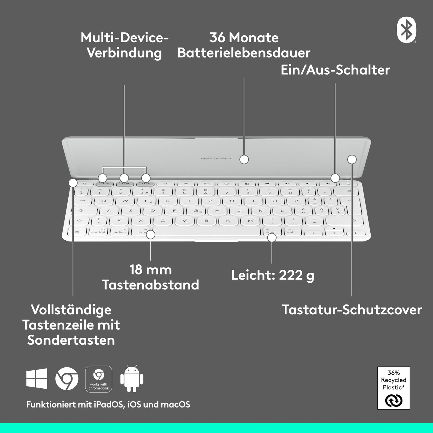 Logitech Keys-to-Go 2, mobile Bluetooth keyboard for tablets with integrated protective cover, slim, wireless keyboard for Windows, Android, Linux, iPad, iPhone, Mac, Apple TV, DEU QWERTZ - light gray - 920-012965
