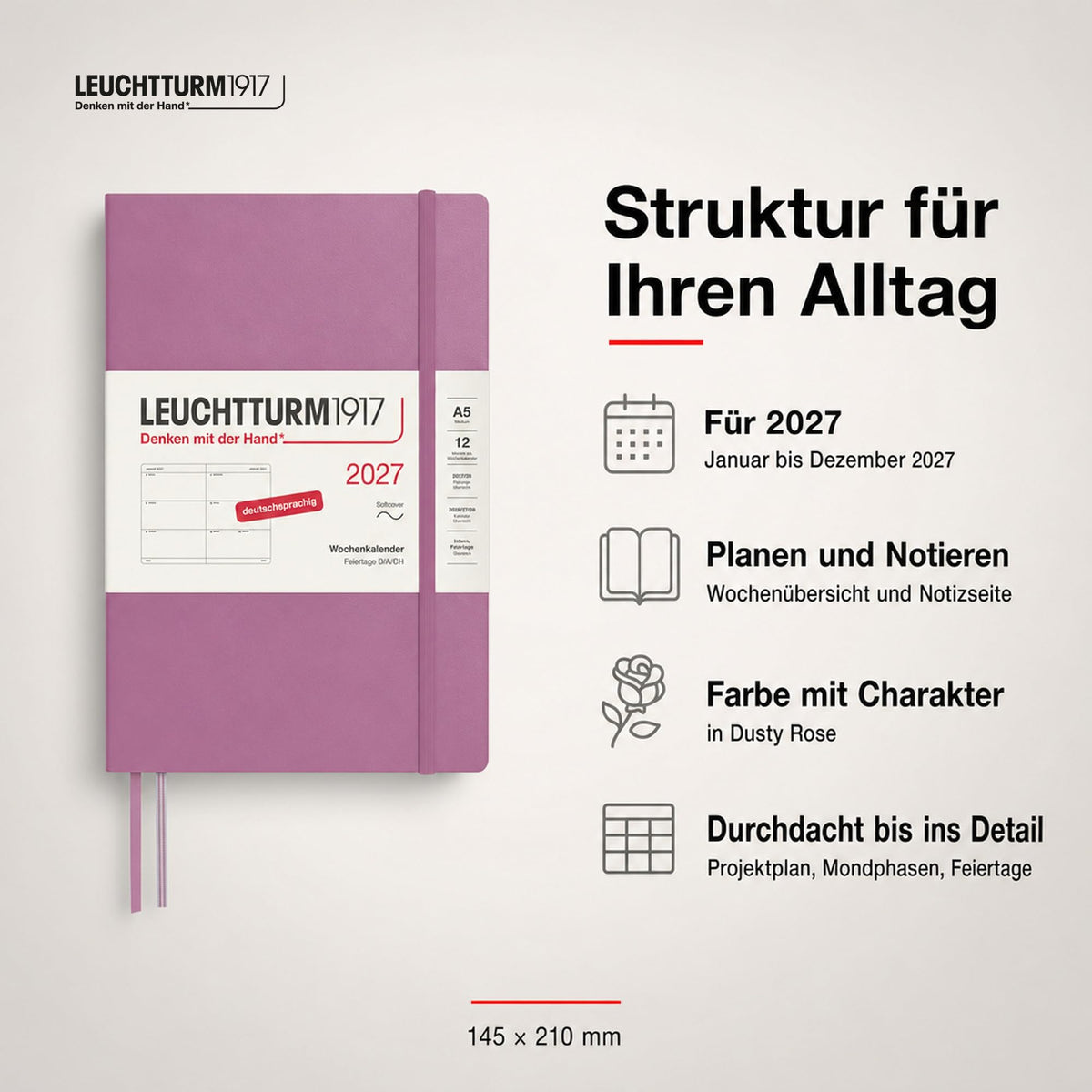 LEUCHTTURM1917 Calendar săptămânal 2027 Mediu (A5) - German, Dusty Rose, Softcover, 145 x 210 mm, 12 luni - ianuarie-decembrie 2027, 1 săptămână pe pagină dublă, hârtie de 80 g/m² cu compatibilitate ridicată cu cerneală - 400127