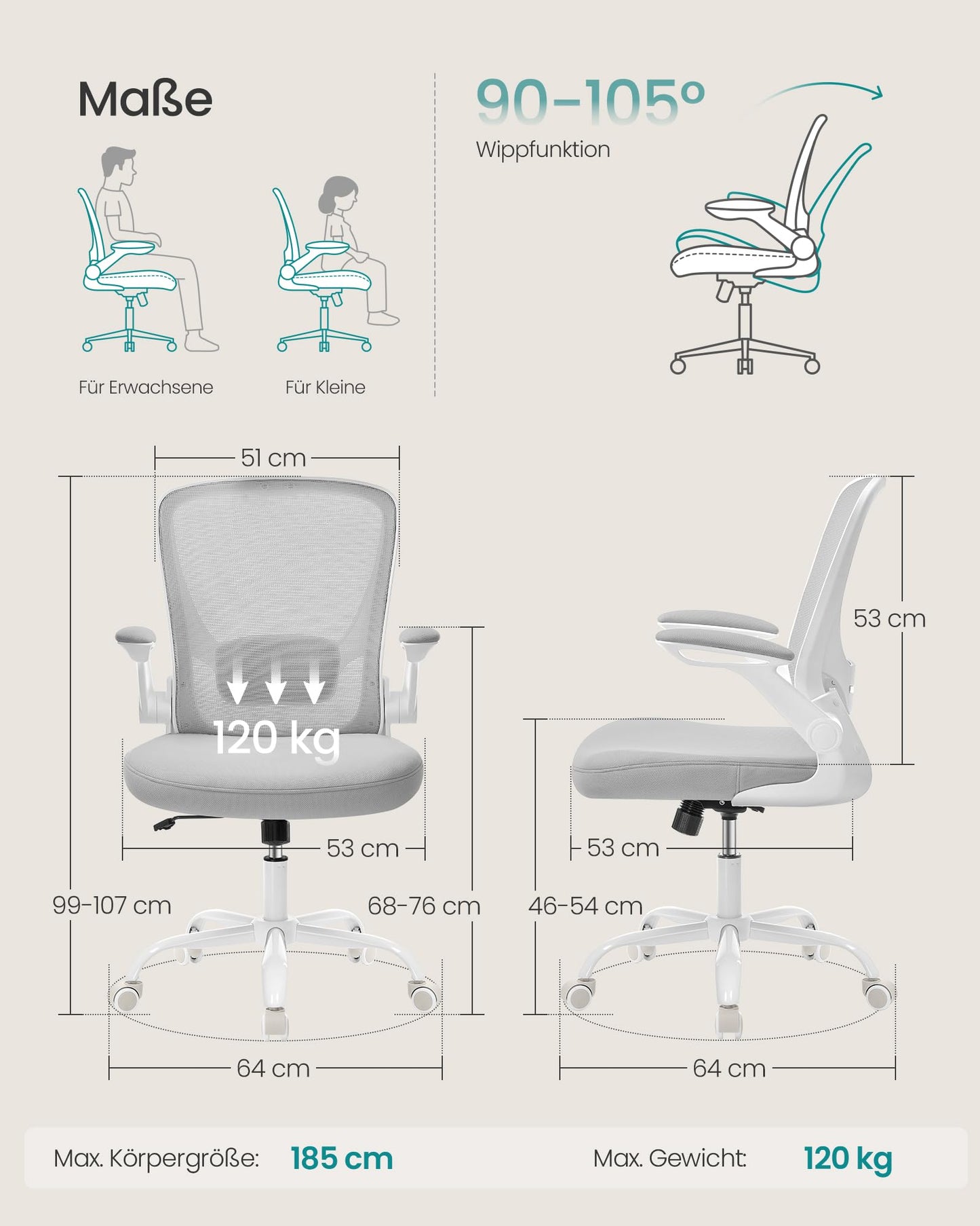 SONGMICS ergonomic office chair, swivel chair with mesh, lumbar and headrest, rocker function, 53 cm seat, folding armrests, study and bedroom, students, light gray OBN037G02 - OBN37BK