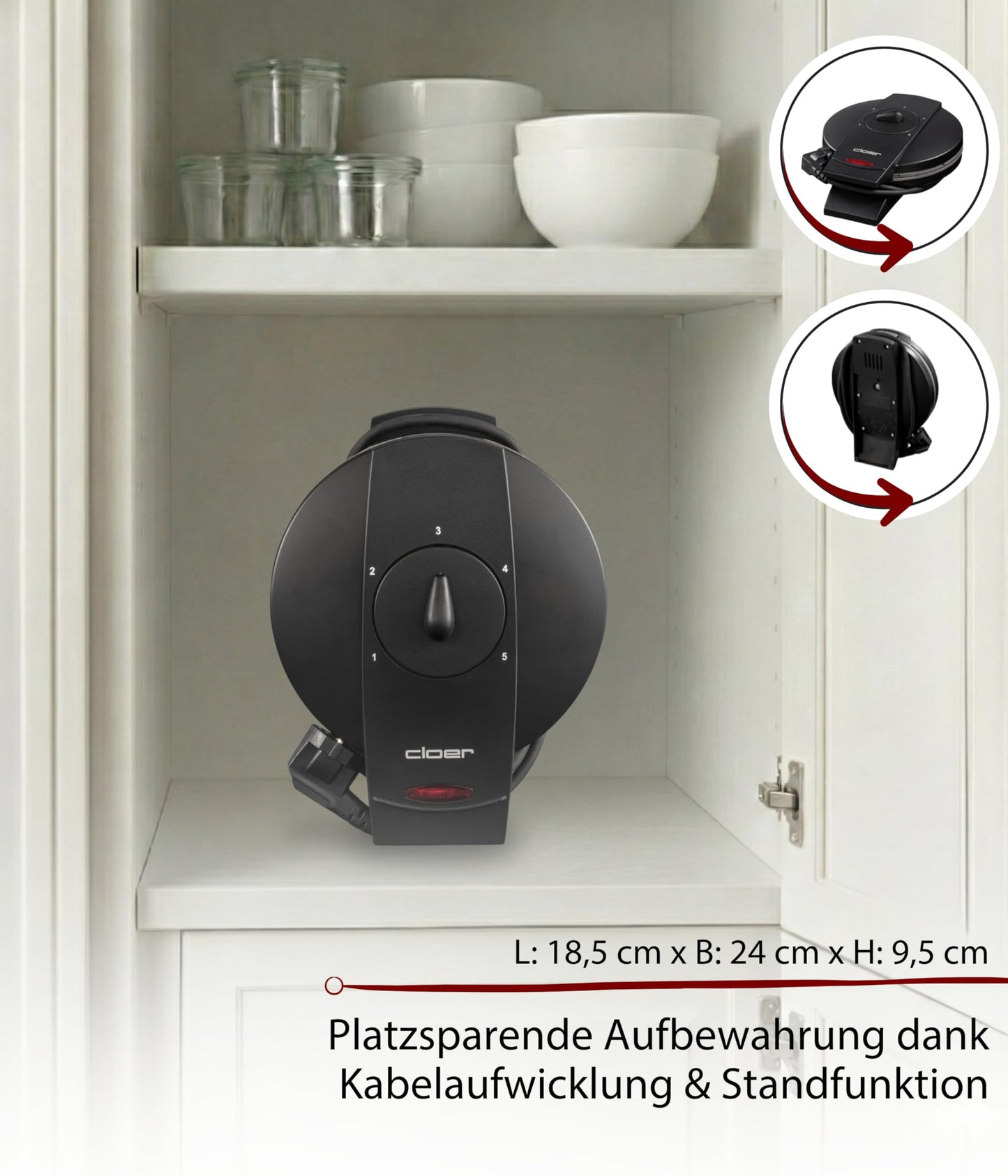Cloer 1620 waffle iron for classic heart waffles, 930 W, waffle size 15.5 cm, continuously selectable browning level, black