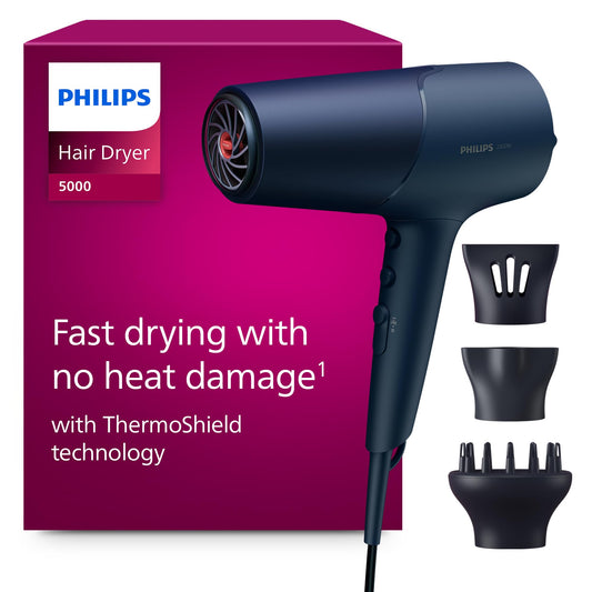 Philips Hair Dryer 5000 Series, ThermoShield Technology, Ionization Function, 2,300 W, Metallic Blue, with 9 mm and 11 mm Styling Nozzle, Volume Diffuser, BHD510/20