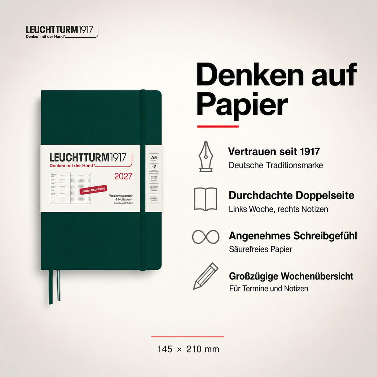 LEUCHTTURM1917 Calendar săptămânal 2027 punctat mediu (A5) cu caiet - Planificator de întâlniri german, verde pădure, ianuarie-decembrie 2027, prezentare generală săptămânală în stânga + pagină cu note în dreapta - 400095