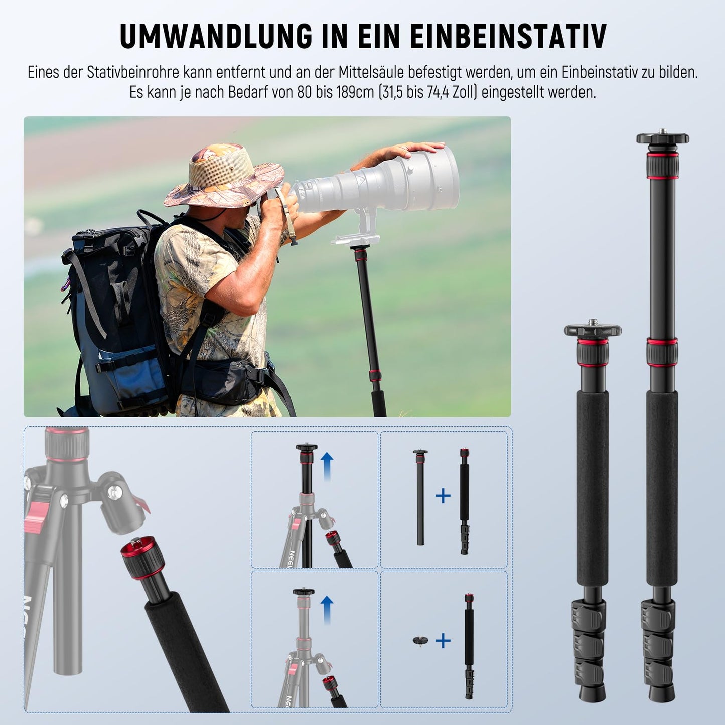 NEEWER Basics TP15 Camera Tripod Monopod, 68" Metal Heavy Duty Portable Travel DSLR Phone Stand with Cell Phone Holder, Compatible with iPhone for Film and Video, Ball Head Not Included