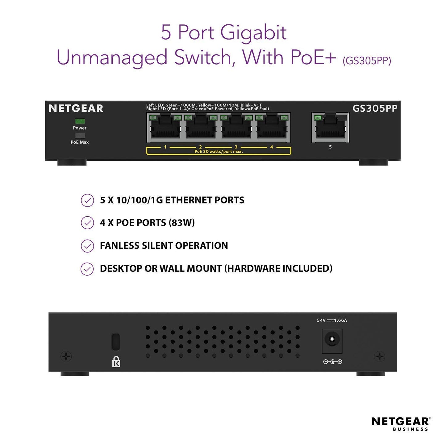 NETGEAR GS305PP PoE Switch 4 Port Gigabit Ethernet LAN Switch PoE+ 83W (5 Ports Plug and Play Network Switch PoE, Fanless, Robust Metal Case) - GS305PP-100PES