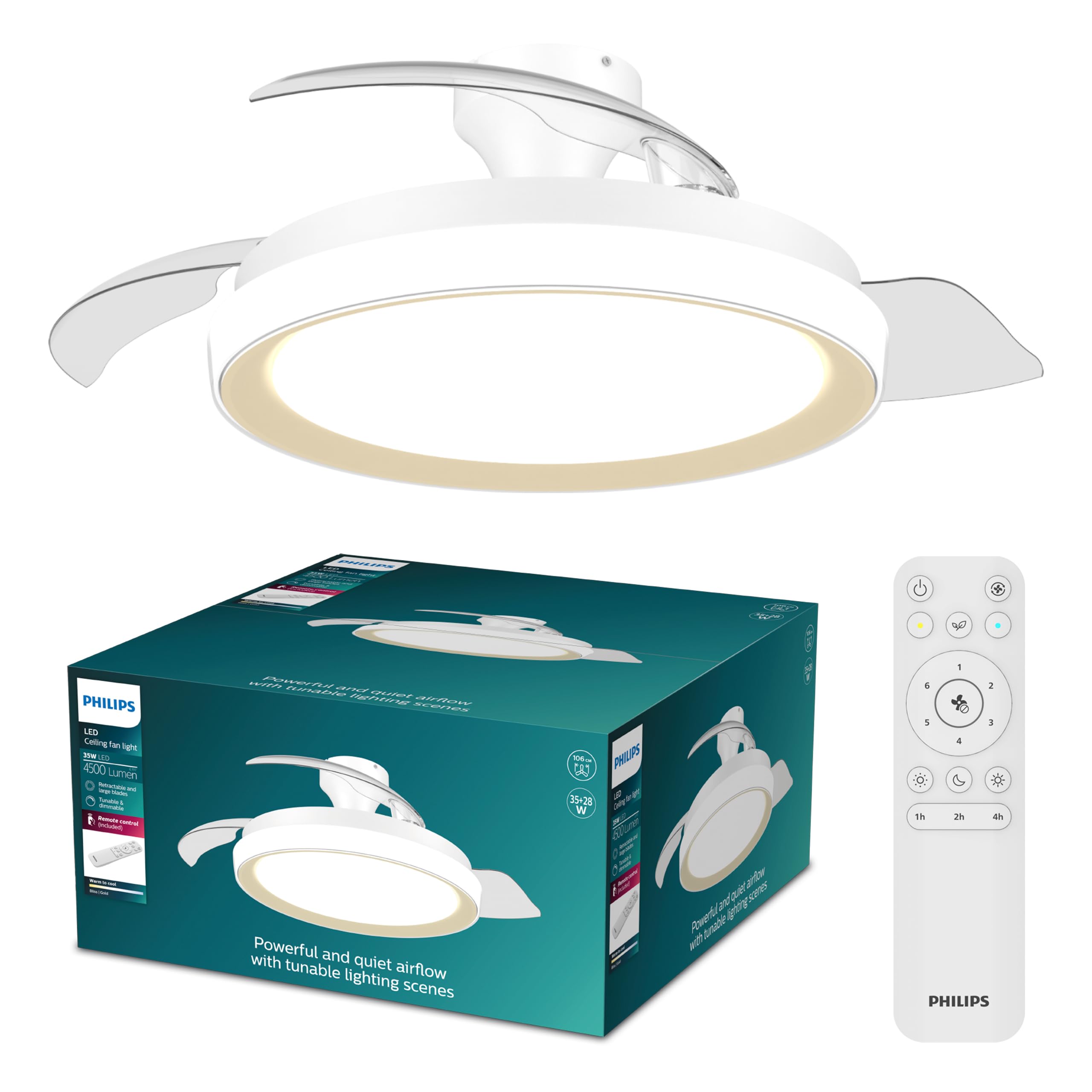 Philips Bliss ceiling fan with LED light and retractable blades, 3 blades, 106 cm wingspan, 4,500 lumens, adjustable light (3,000 K to 6,500 K), dimmable up to 5%, incl. remote control, gold - 929004749801
