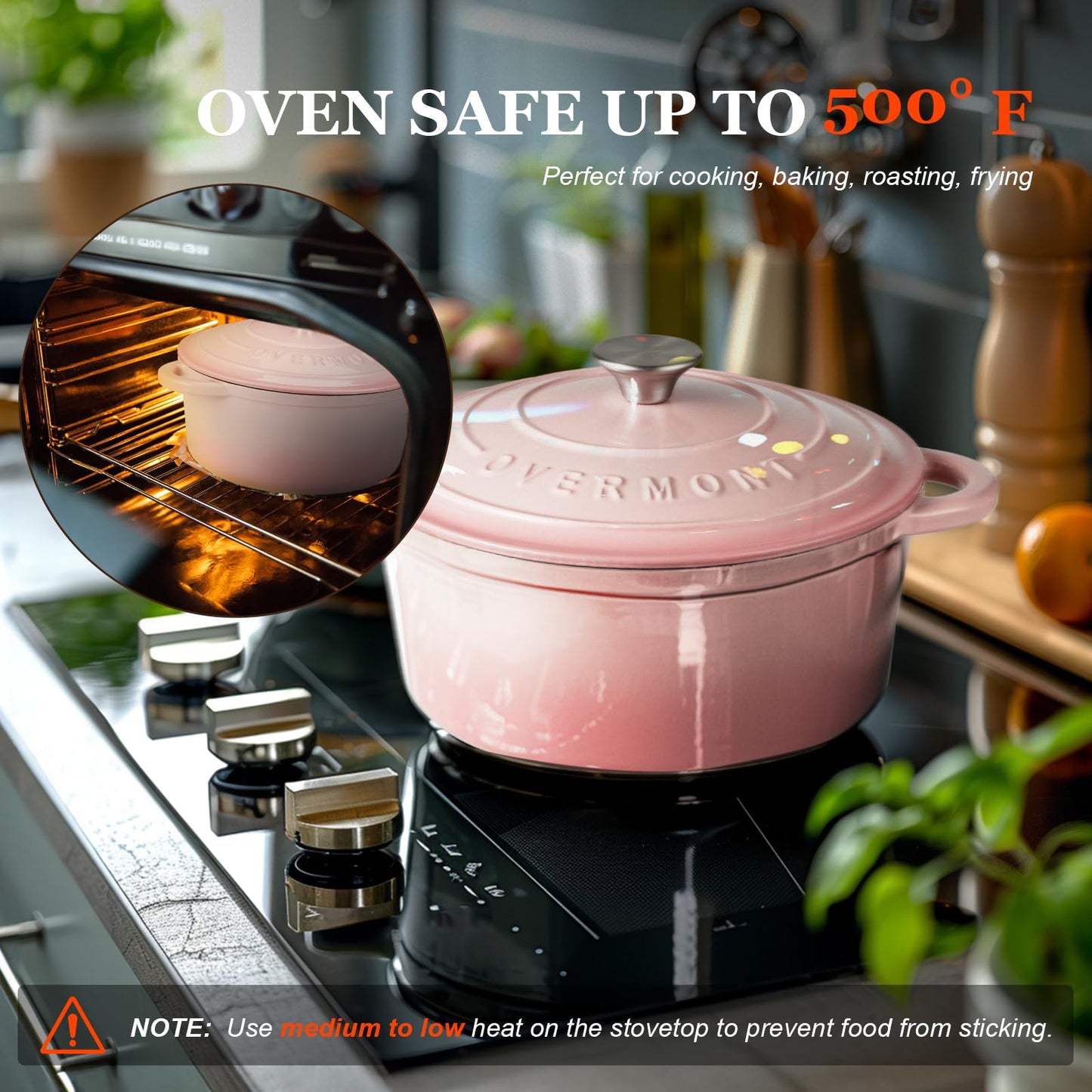 Overmont roasting pan enamel cast iron pot - casserole 26cm oven-safe - with lid and cookbook - for kitchen baking stewing roasting pink - Pink