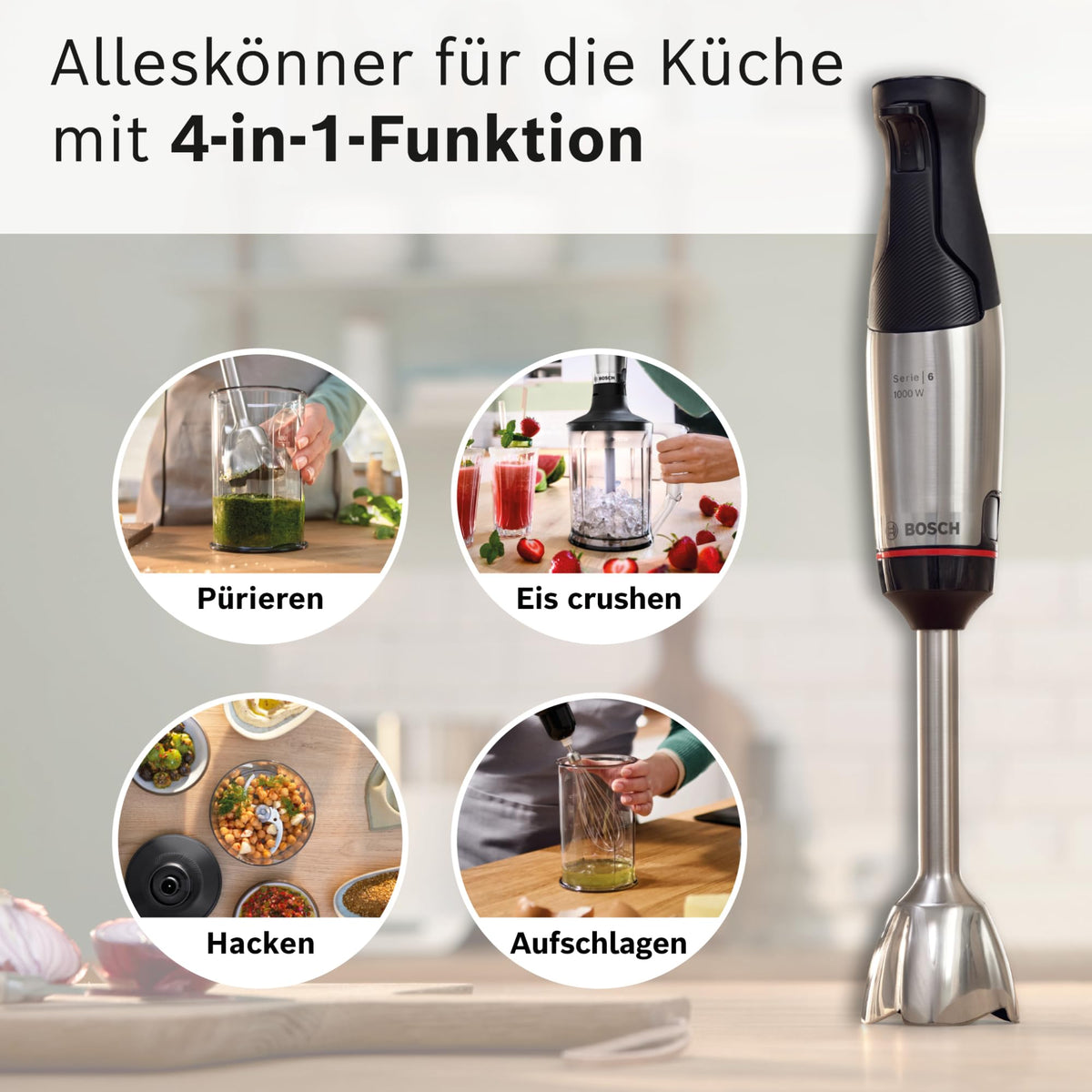 Bosch ErgoMaster Series 6 Hand Blender, one-handed operation, 4 stainless steel blades, mixer, chopper, wear-free ceramic coupling, durable, air cooling, 1000 W, MSM6M652