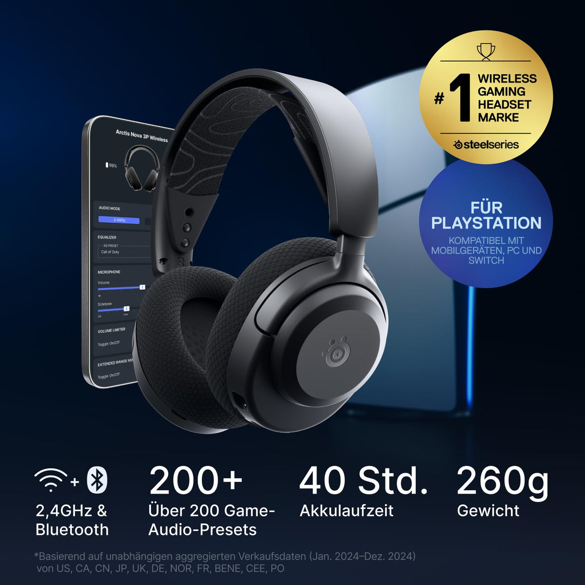 SteelSeries Arctis Nova 3P Wireless - Cască pentru PS5 și PC Gaming – Control prin aplicație – 40 de ore autonomie – Driveri cu magneti de neodim – 2,4 GHz/Bluetooth – Microfon detașabil – Compatibilă cu PS5, PC, Switch - Negru - 61686