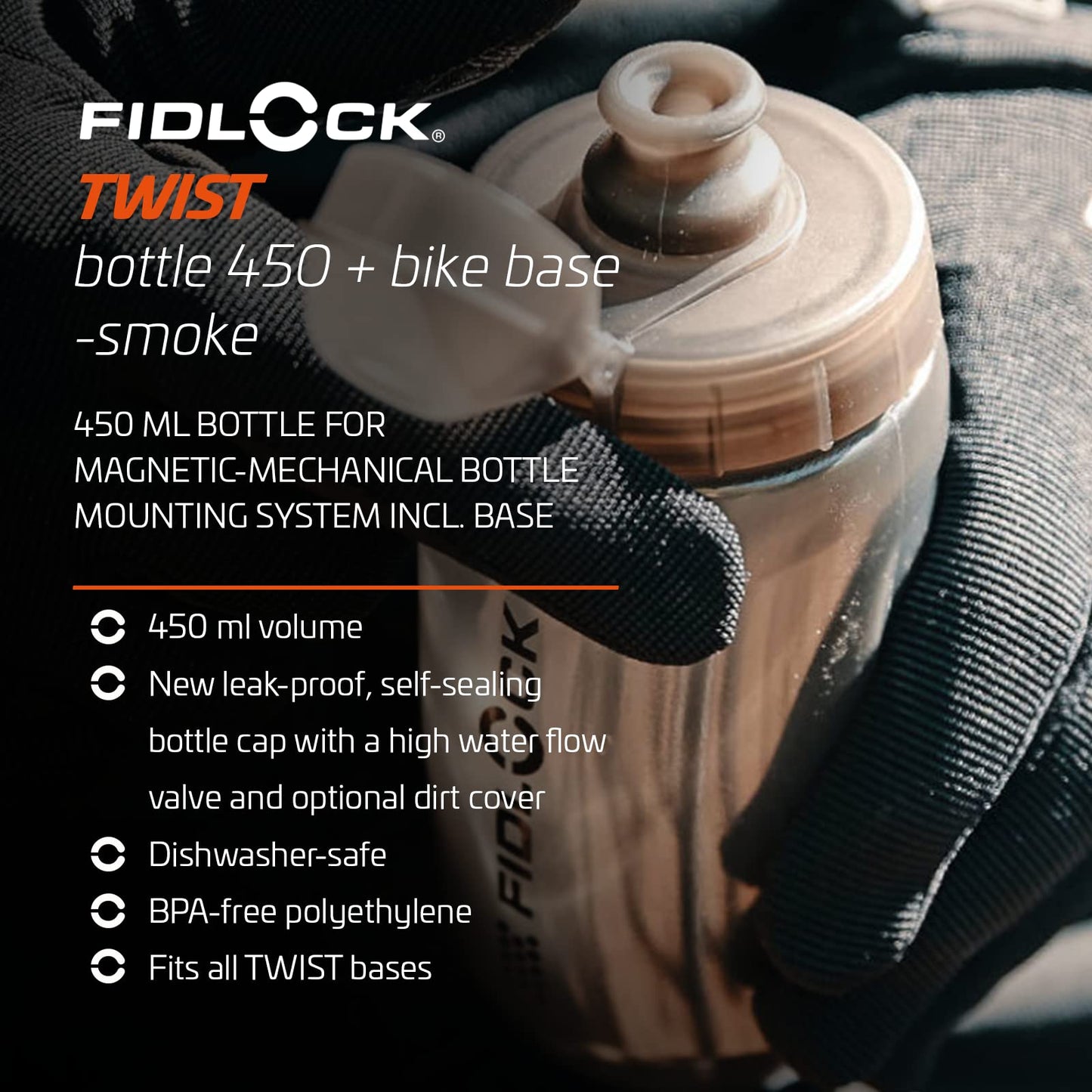 FIDLOCK TWIST bottle 450 + bike base - 450 ml bicycle drinking bottle with magnetic bicycle bottle holder, ideal for racing bikes, MTB & gravel, compact design, smoke color - 09611TBL