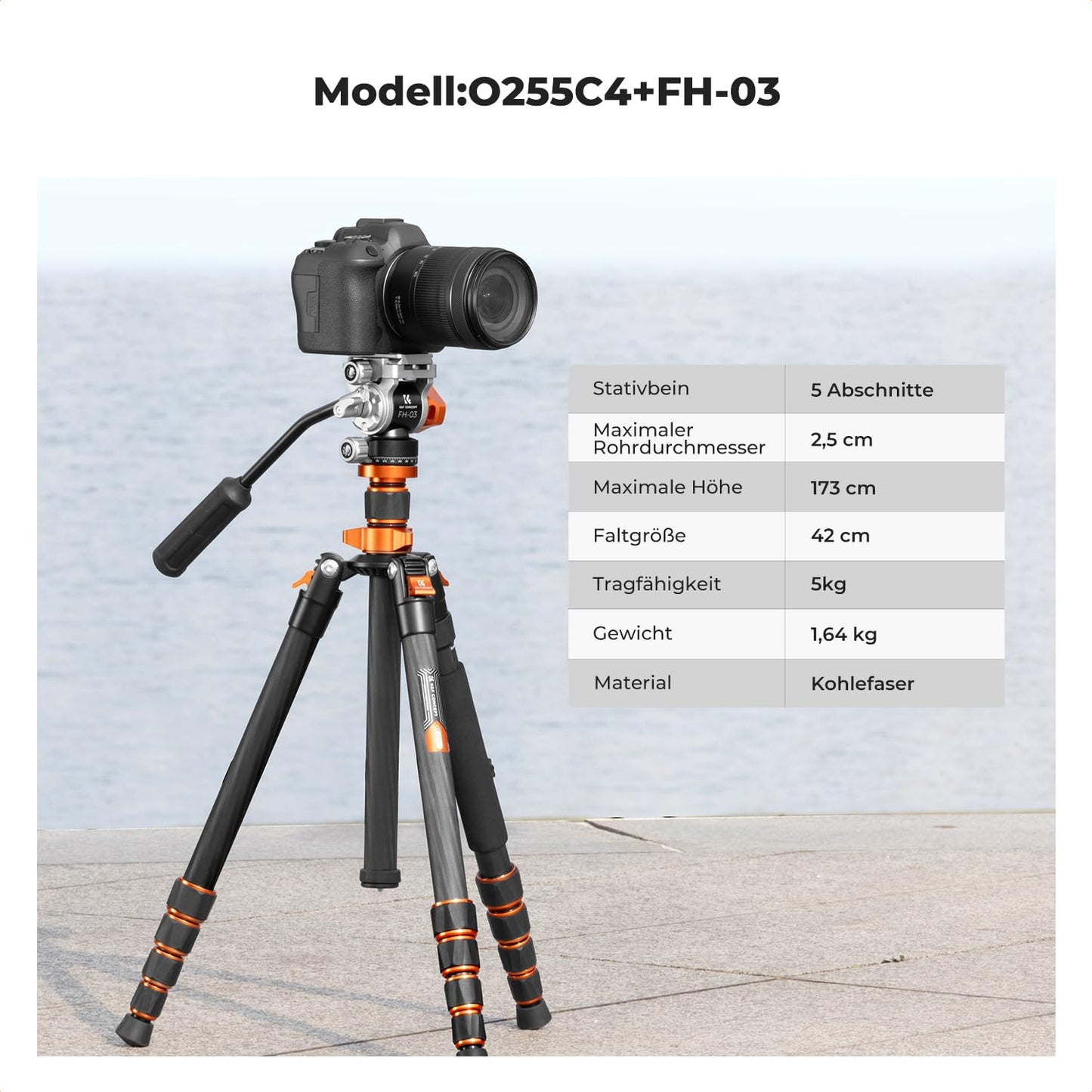 K&F CONCEPT 173cm carbon tripod, video tripod with fluid head, compact camera tripod with monopod, travel tripod for on the go O255C4+FH-03 - KF09.158