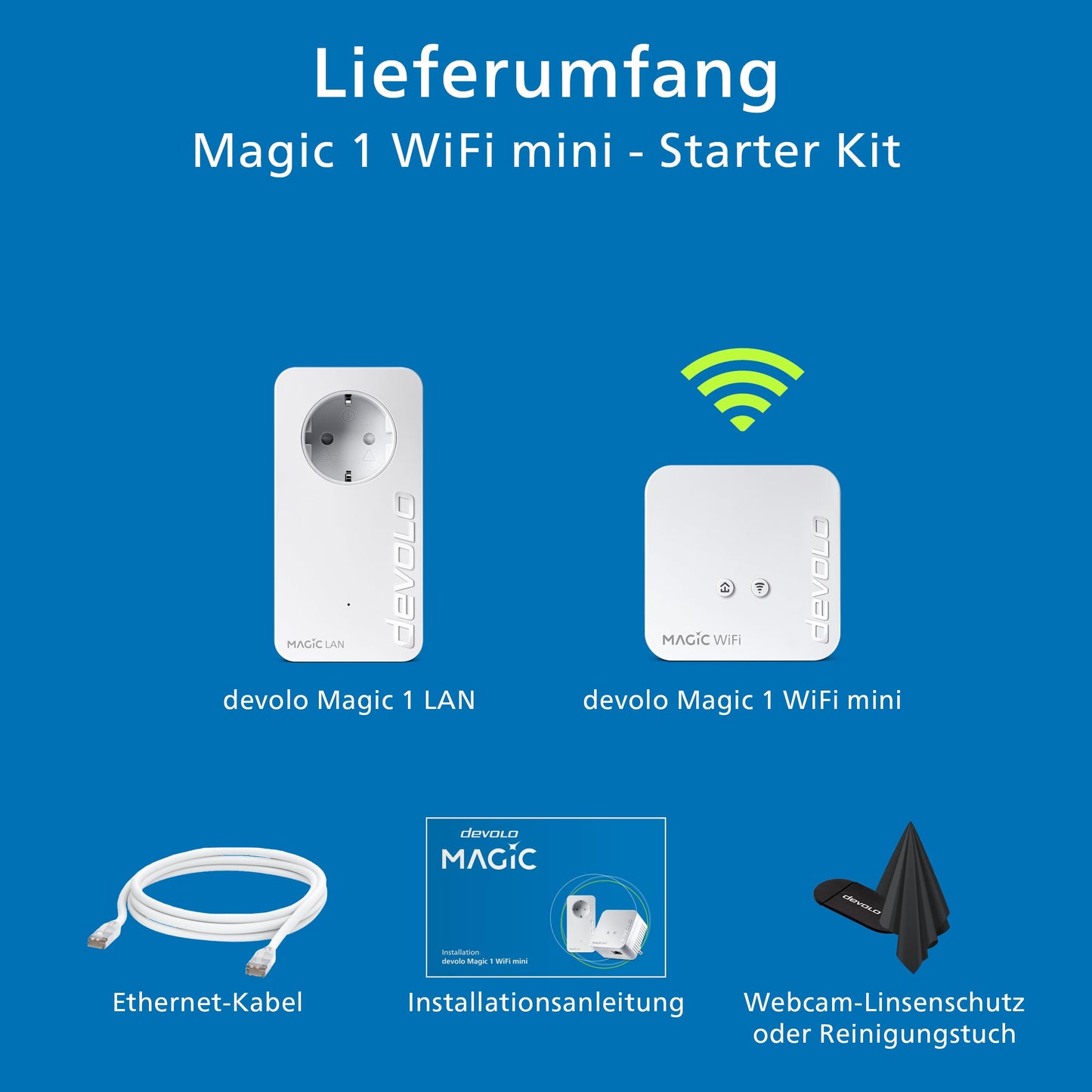 devolo Magic 1 WiFi mini starter kit, WiFi powerline adapter, up to 1,200 Mbit/s, WiFi amplifier, 1x LAN connection, dLAN 2.0, white - 8569