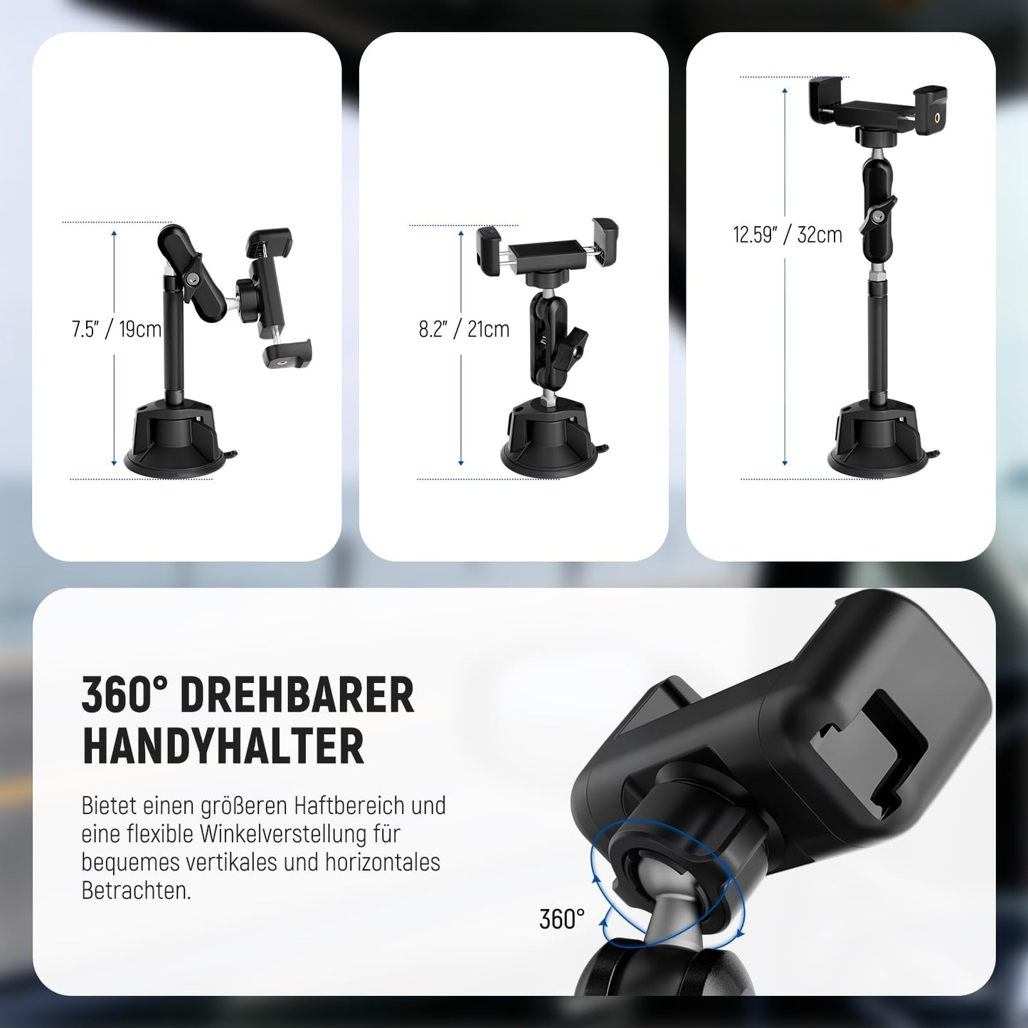 NEEWER Car Mobile Phone Holder 360° Rotating Vacuum Suction Cup Metal Mobile Phone Holder with Extended Magic Arm Compatible with iPhone Samsung, for Windscreen Skylight Glass Navigation Video, PA137