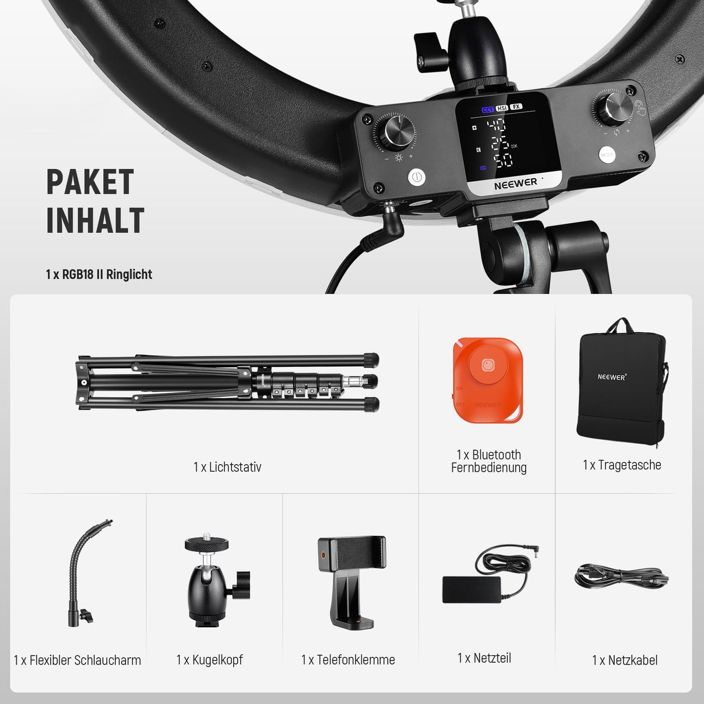 NEEWER 18" RGB LED Ring Light APP Control with Stand and Phone Holder, 42W Dimmable, 2500-10,000K, GM ± 50 Bi Color, CRI97+/TLCI98+, 360° Full Color, 18 Scenes for Selfie, TikTok, Vlog, RGB18 II - 10103392
