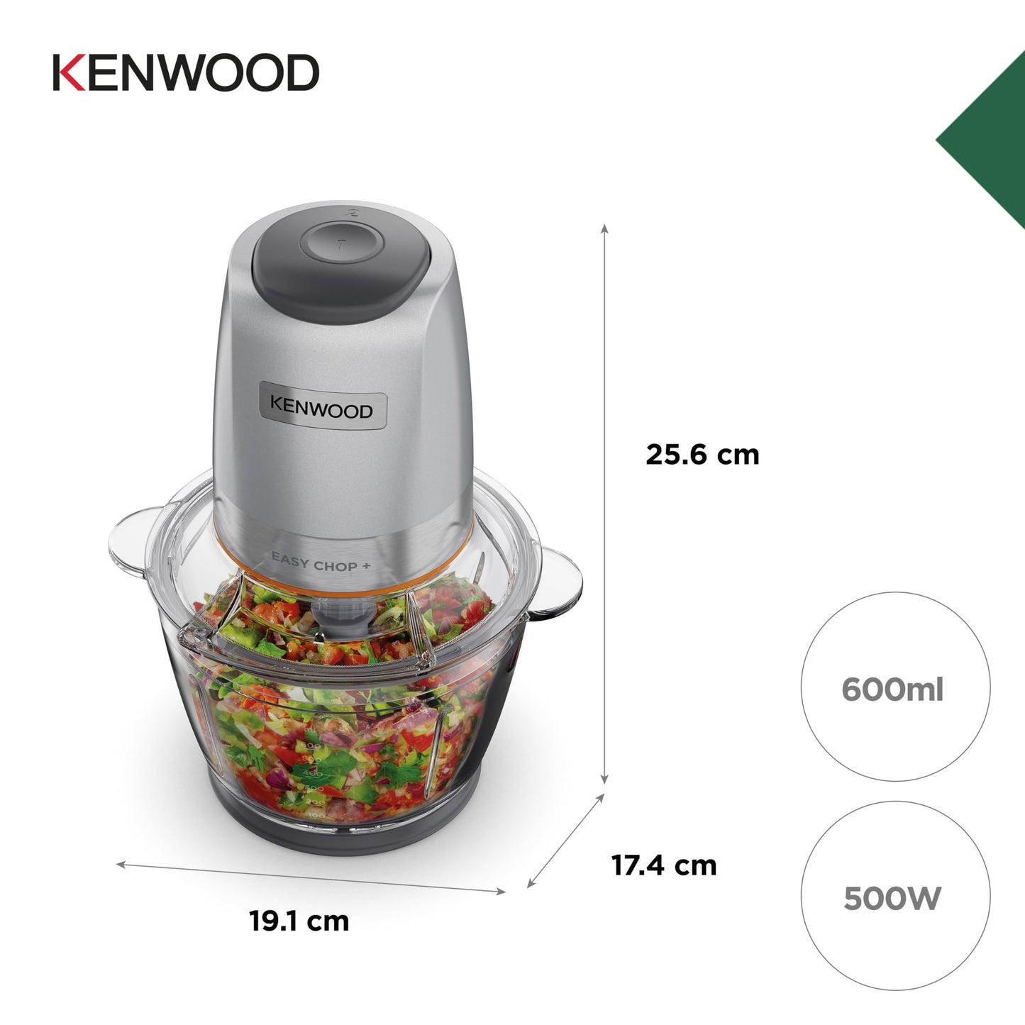 Kenwood EasyChop+ CHP62.400 SI Electric chopper with four-fold stainless steel blades, one-touch operation, ice crusher, 0.6 l work container, dishwasher safe, 500W, black - CHP62.400SI