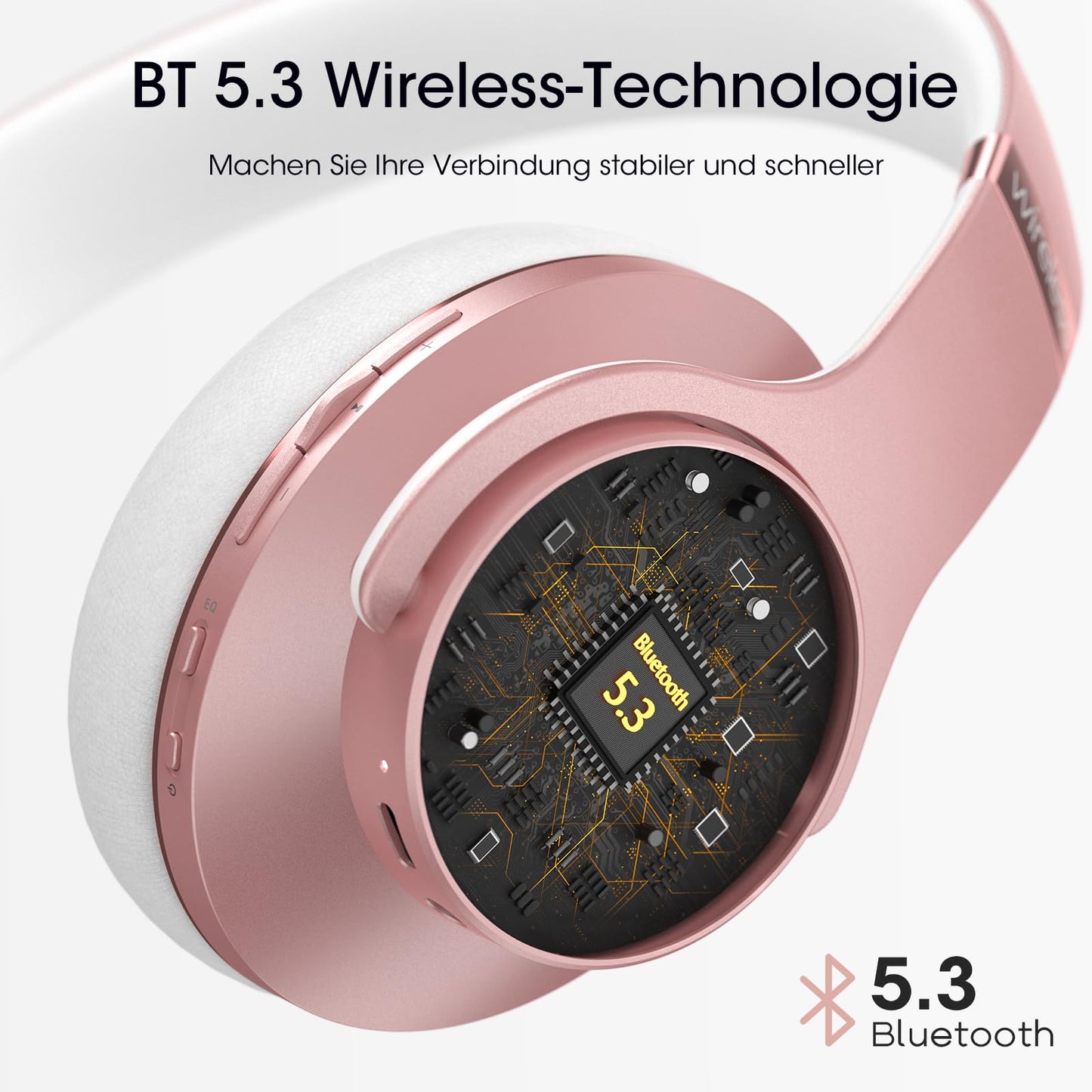 DOQAUS Bluetooth Headphones Over Ear, Up to 90 Hours Wireless Headphones with 3 EQ Modes, HiFi Stereo Foldable Headset with Microphone, Soft Ear Pads for Travel/Office/Cell Phone/PC/Laptops-Rose Gold - CARE1