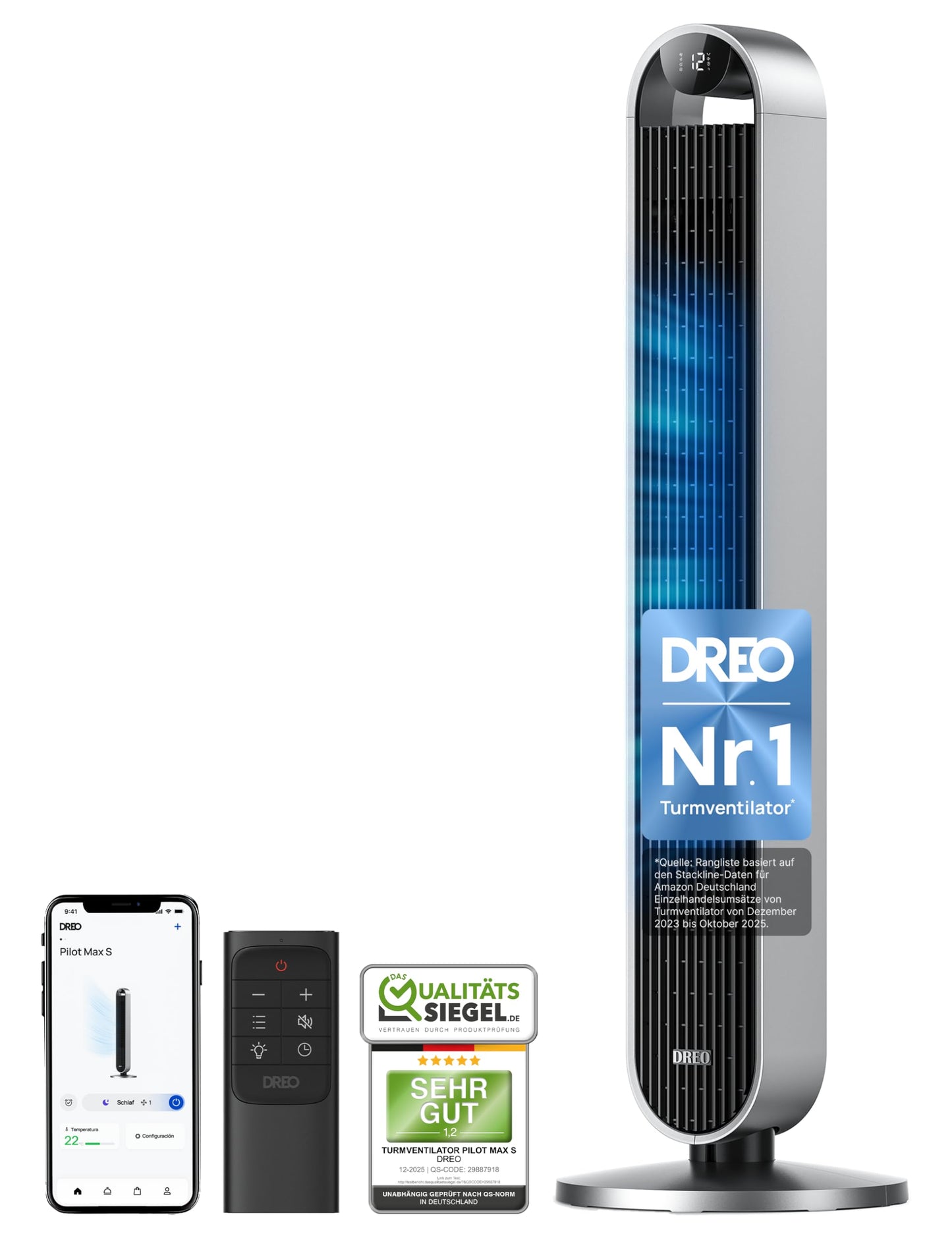 DREO Smart Tower Fan Very Quiet, 120° Oscillating Fan with Cooling, 25dB Stand Fan with Remote Control for Bedroom, 12 Speeds, 4 Modes, 12 Hour Timer, Pilot Max S - DR-HTF004S