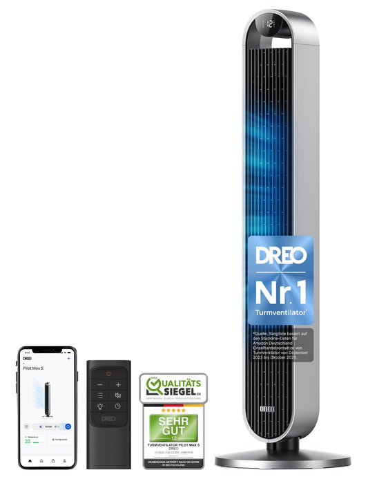 DREO Smart Tower Fan Very Quiet, 120° Oscillating Fan with Cooling, 25dB Stand Fan with Remote Control for Bedroom, 12 Speeds, 4 Modes, 12 Hour Timer, Pilot Max S - DR-HTF004S