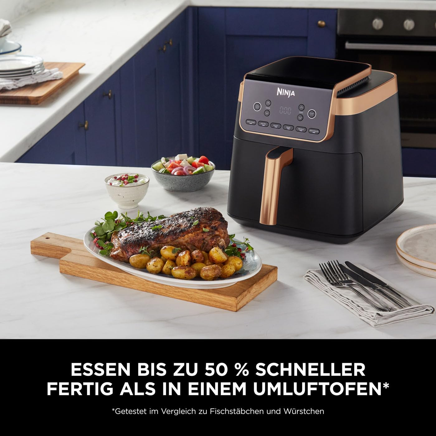 Ninja Air Fryer MAX PRO, 6.2L, Oil Free, Large Drawer, Roasting, Baking, Air Fry, Non-Stick, Dishwasher Safe Basket & Crisper Grid Insert, Silicone Tongs, Black/Copper, AF180EUCP