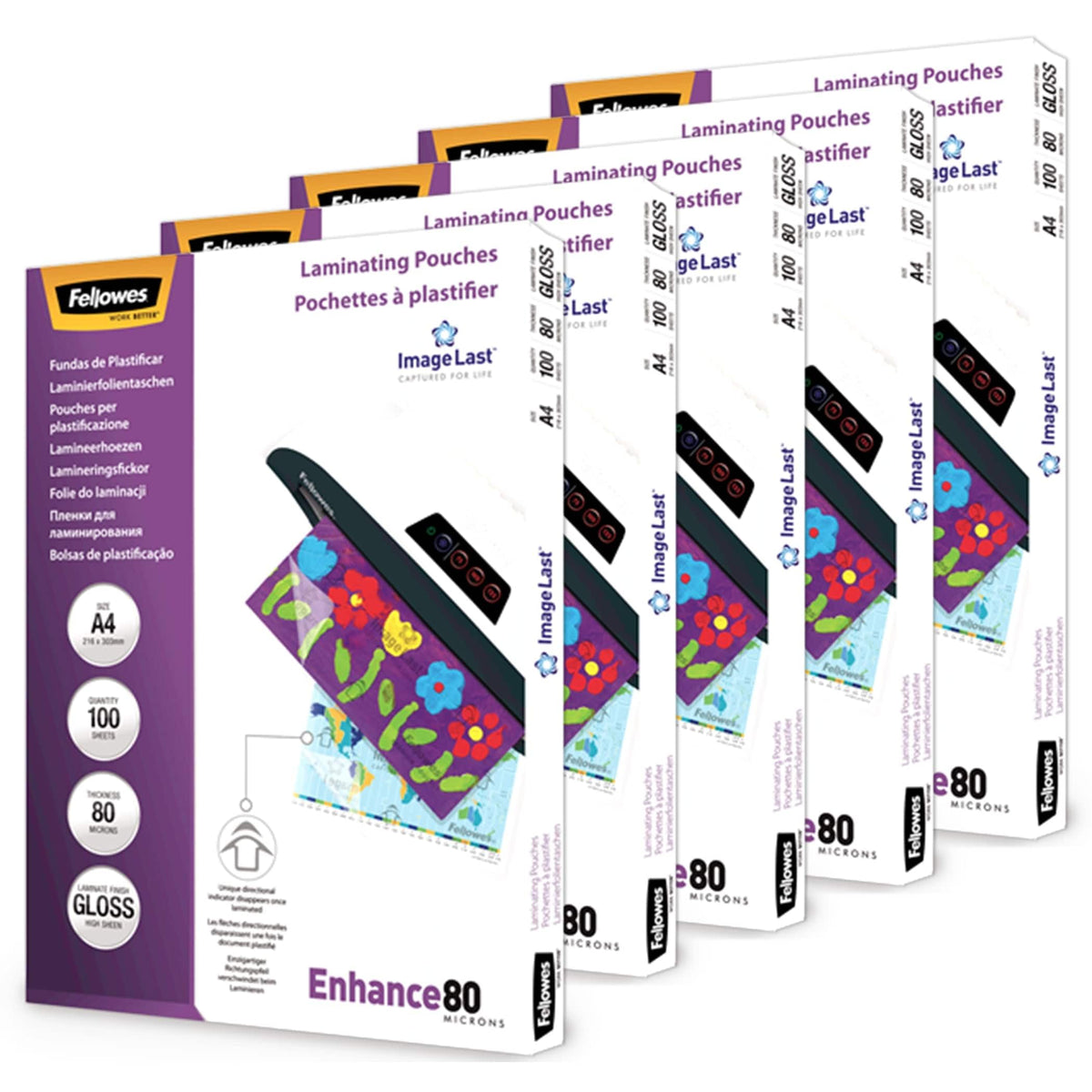 Fellowes Laminating Sheets A4, glossy, laminating film with 80 mic per side, featuring ImageLast alignment aid, for hot lamination, value pack with 500 high-quality laminating sheets (5 packs of 100 sheets each). - 5306127
