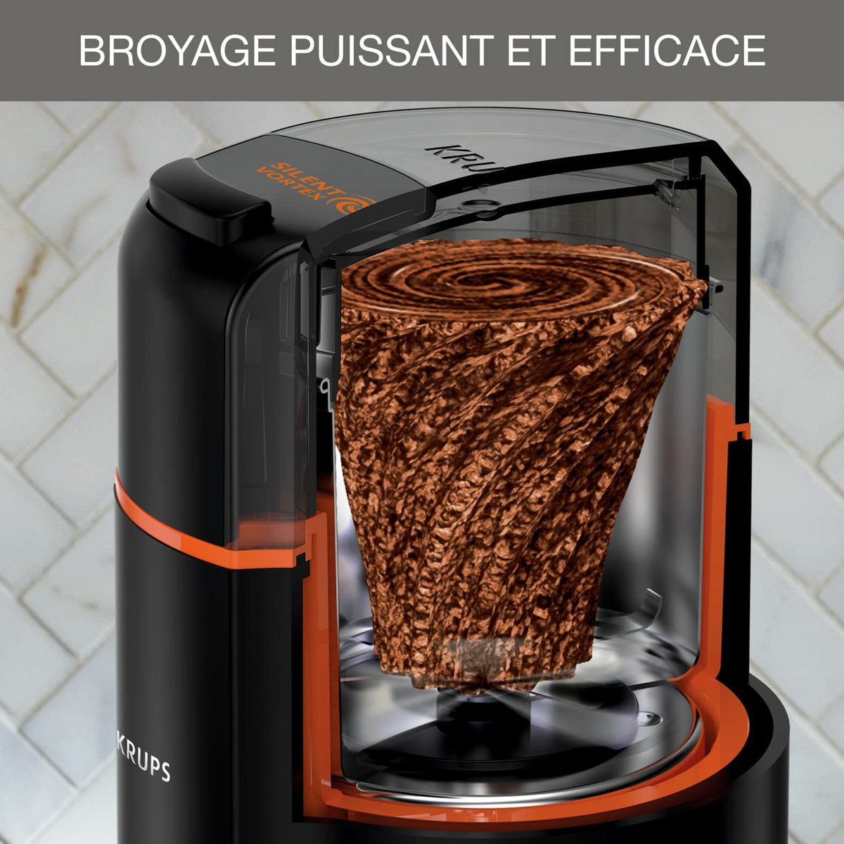 Krups GX3328 Silent Vortex Moară electrică pentru cafea și condimente | 3 în 1 mecanism de măcinare pentru boabe de cafea, condimente, ierburi | super silențioasă | lavabilă în mașina de spălat vase | bol de măcinare detașabil + capac | Negru