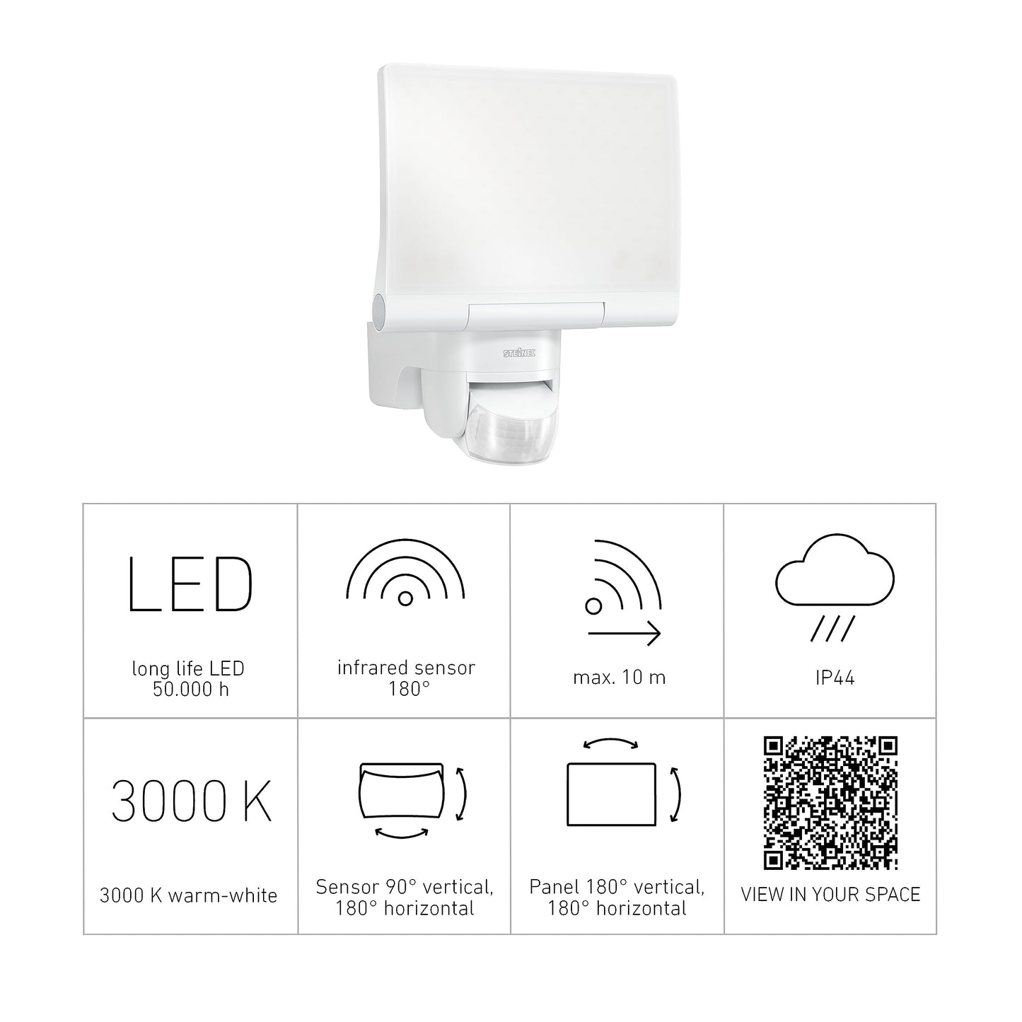 Steinel LED spotlight XLED Home 2 S white, floodlight, fully swiveling, 13.7 W, 180° motion detector, 10 m range, 1550 lm - 33088