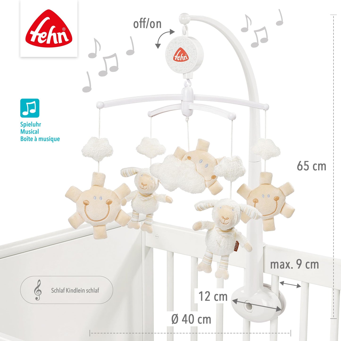 Fehn Music Mobile Sheep - Baby Sleep Aid Music Toy - Baby Mobile Music Box Melody "Sleep Child Sleep" - Music Mobile Baby Bed Accessories Toy for Babies and Newborns from 0-5 Months - 154610