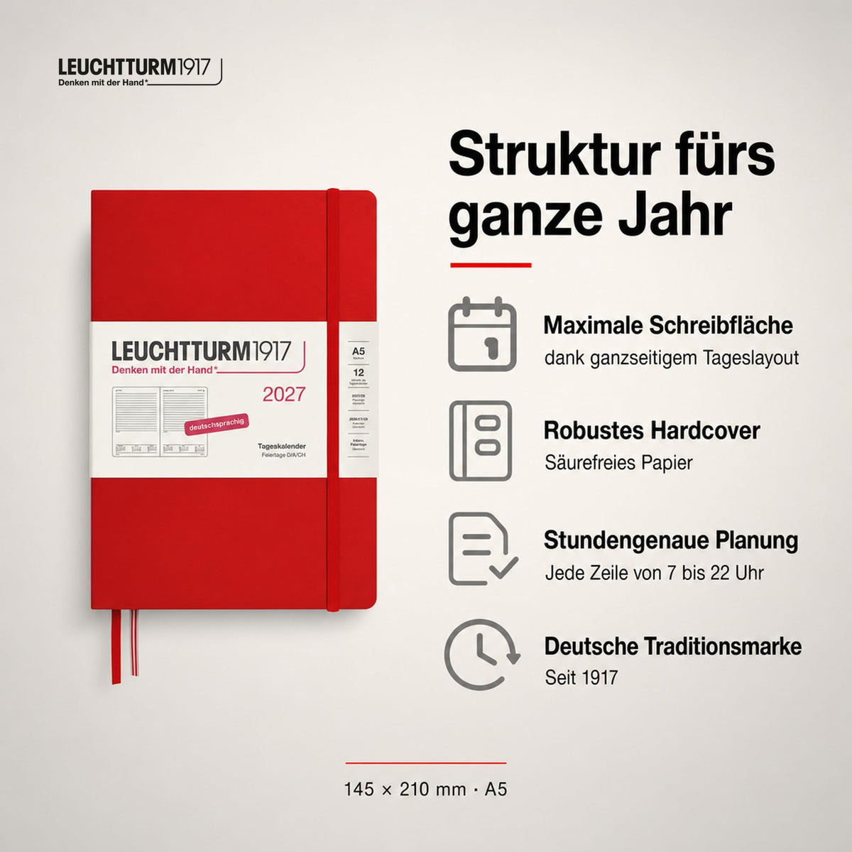 LEUCHTTURM1917 Daily Calendar 2027 Medium (A5) - German, Cherry, 145 x 210 mm, January-December (12 months), 1 page per day, hourly grid 7:00-22:00, hardcover, 80 g/m² paper - 400159