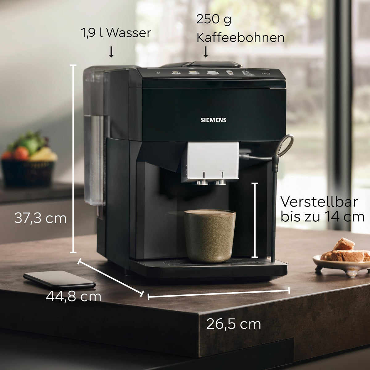 Siemens Kaffeevollautomat EQ500 classic, display TFT colorat, 5 băuturi de cafea și lapte, funcție pentru 2 căni, curățare ușoară, unitate de preparare detașabilă, cu furtun pentru lapte, negru, TP511E19