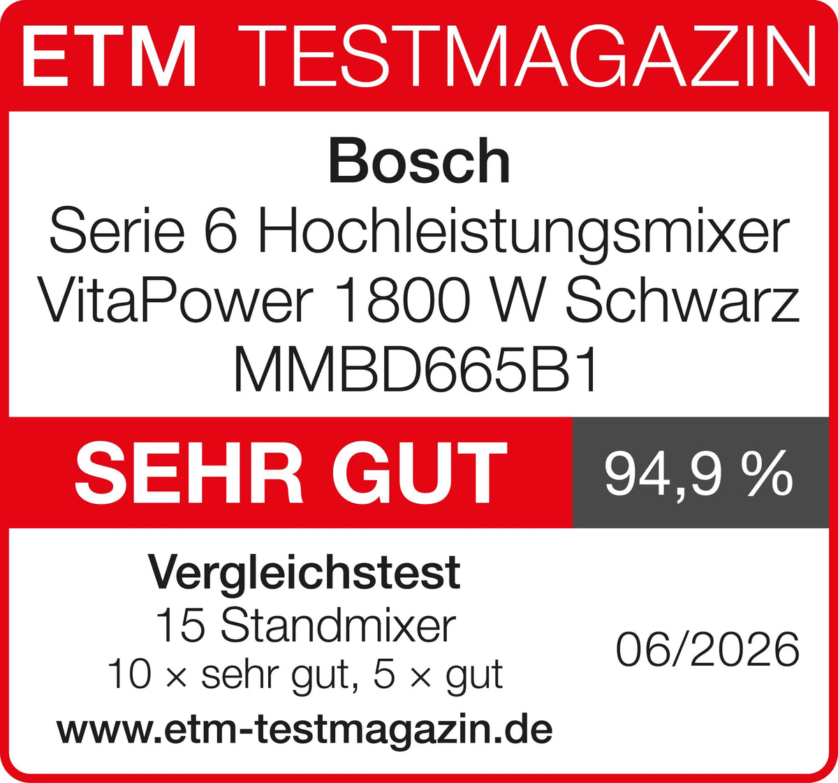 Bosch Highspeed Blender, Smoothie Maker, 45,000 RPM, 6 Programs (including hot soup & cleaning), 2 L Mixing Container, dishwasher-safe parts, Made in Europe, 1800W, VitaPower Series 6 MMBD665B1