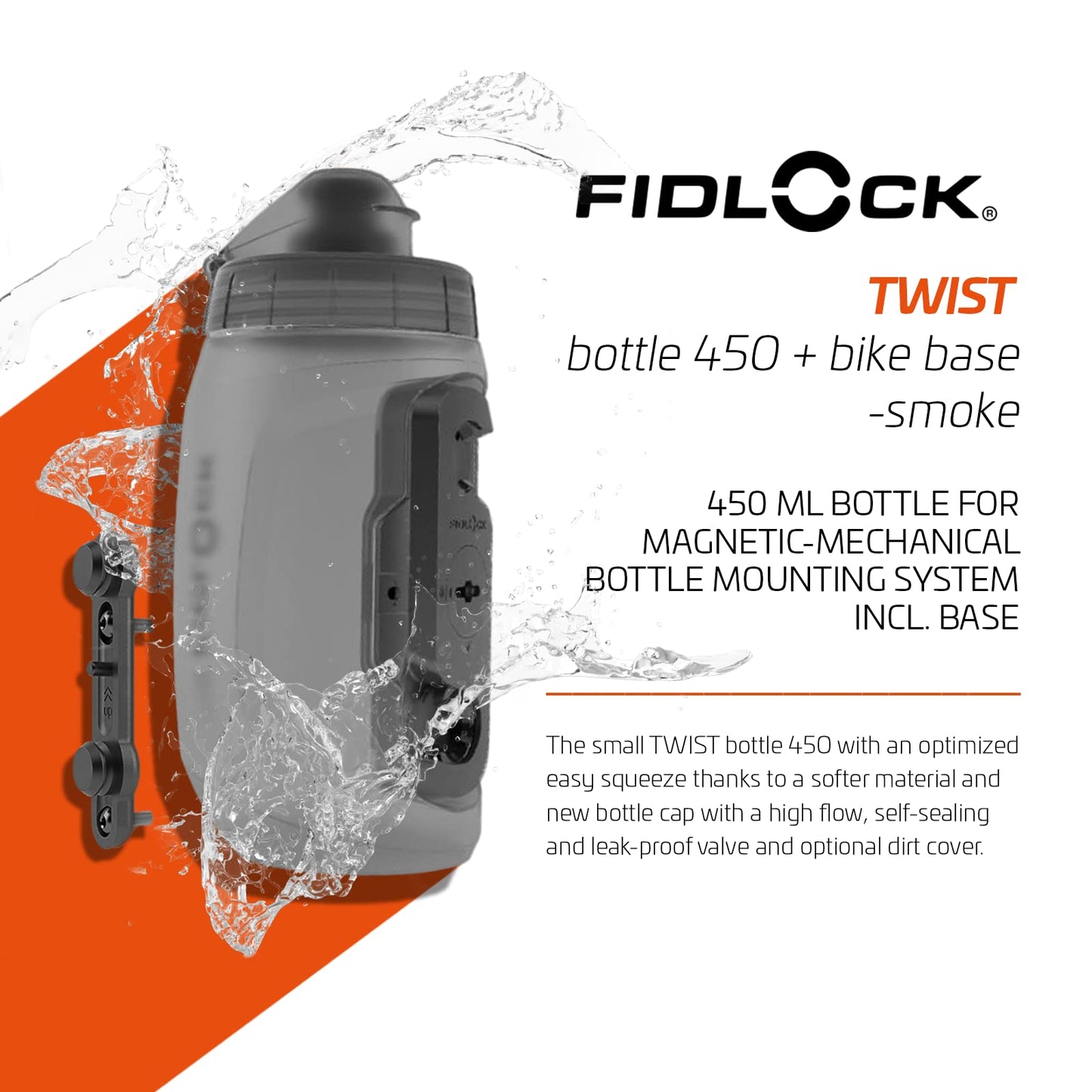 FIDLOCK TWIST bottle 450 + bike base - 450 ml bicycle drinking bottle with magnetic bicycle bottle holder, ideal for racing bikes, MTB & gravel, compact design, smoke color - 09611TBL