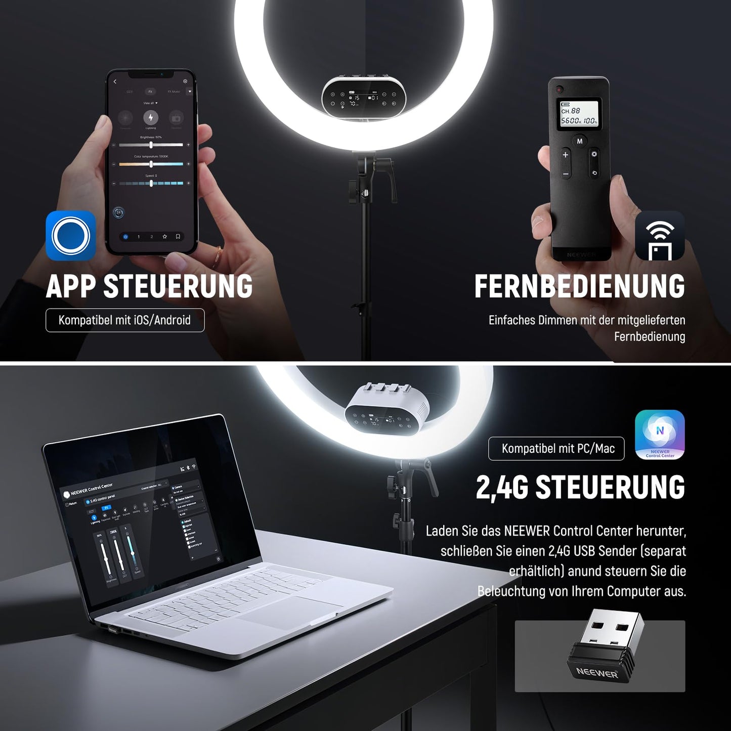 NEEWER 19" 100W High Power LED Ring Light with Tripod Stand & 3 Phone Holders Compatible with iPhone, 2900-7000K CRI97+ App & 2.4G Control Lighting for Selfie Video Makeup Streaming, RH100B - 10106380
