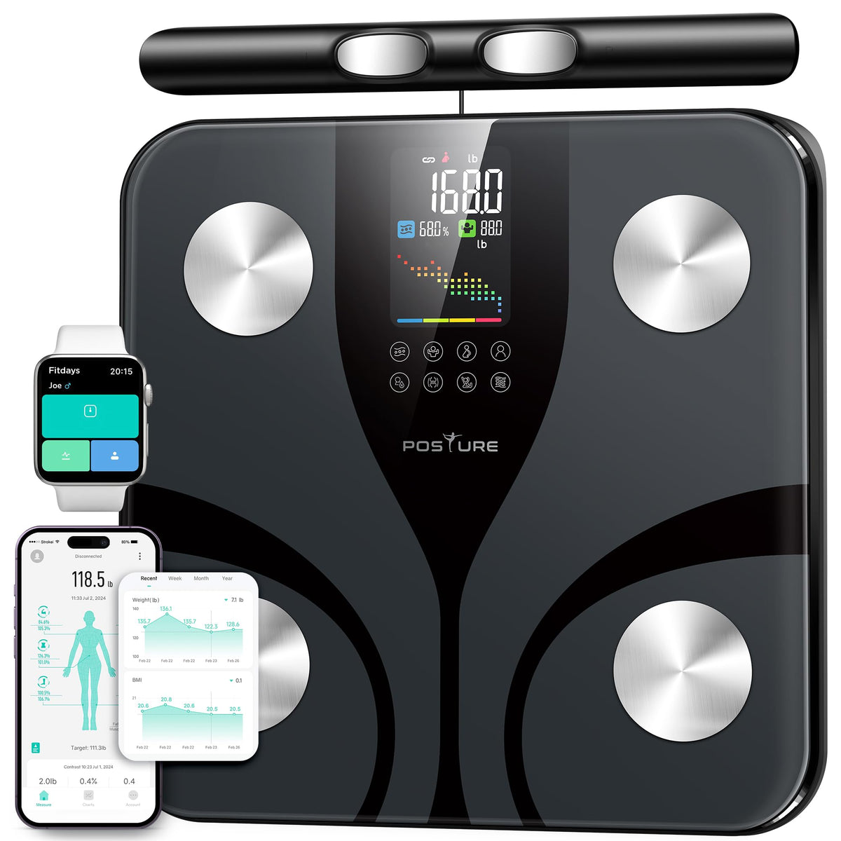 Posture Cântar de greutate corporală, cântar inteligent digital cu 8 electrozi pentru procentul de grăsime corporală, display LCD colorat și interactiv, BMI și 28 de măsurători corporale, platformă mare. - FG2421LB