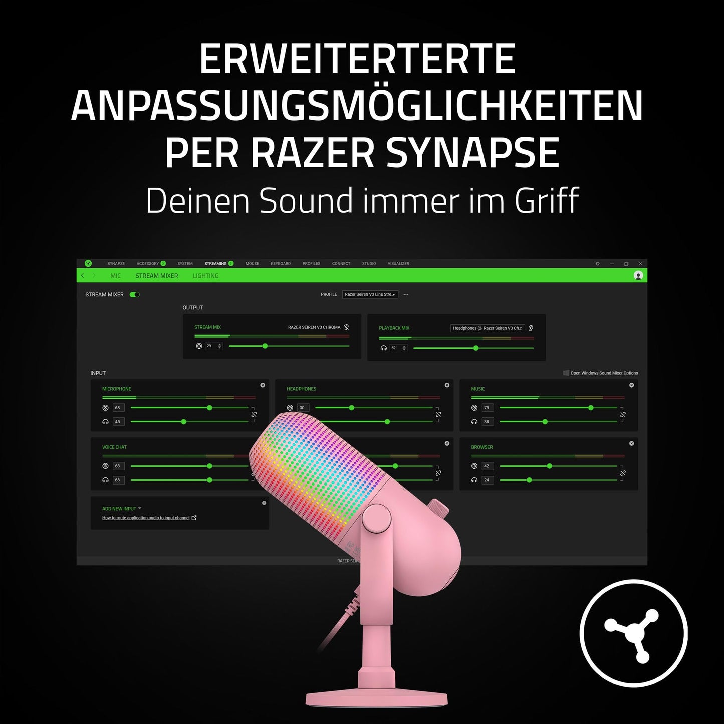 Razer Seiren V3 Chroma - RGB USB microphone - supercardioid condenser microphone with tap-to-mute (reactive lighting, digital gain limiter and integrated shock absorber) Quartz - RZ19-05060300-R3M1