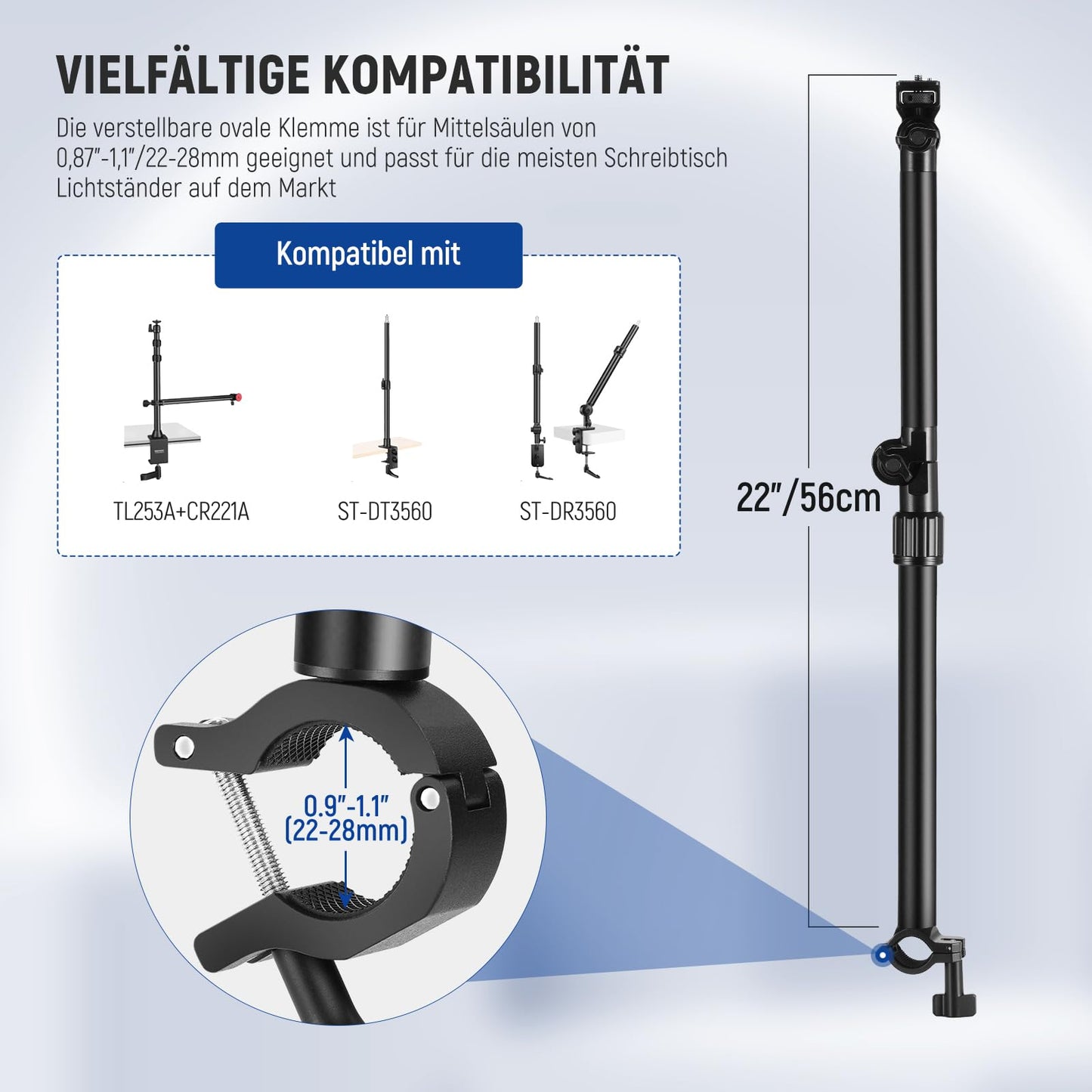 NEEWER overhead camera mount with cell phone clip, 56cm long clamp-mounted flexible holder for table tripod, 180° & 360°, for tubes with 22-28mm, load capacity 2.5kg, for camera ring light mic, DS009 - 10103955