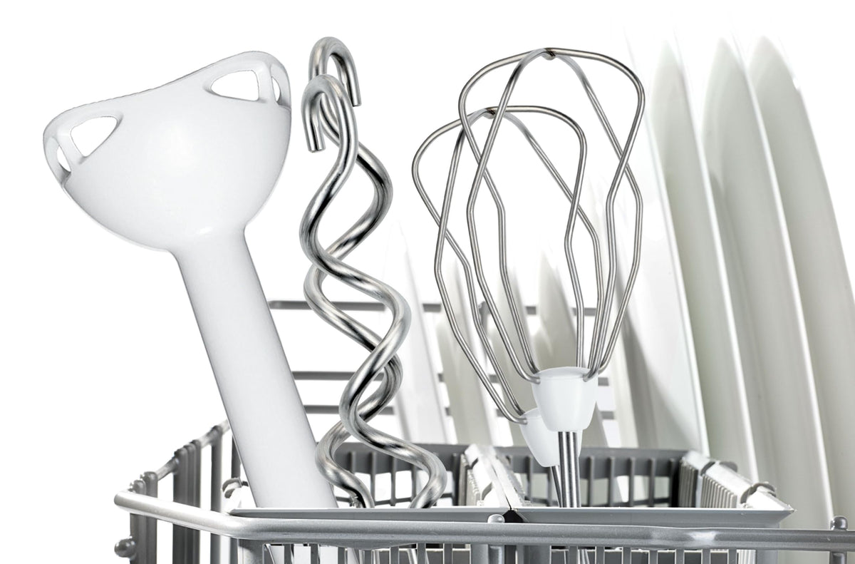 Dispozitiv de mixare Bosch, 2 palete de amestecare, 2 cârlige de frământare, din oțel inoxidabil, lavabil în mașina de spălat vase, blender, pahar de mixare, 5 trepte plus funcție turbo, 450 W, alb, ErgoMixx MFQ36440