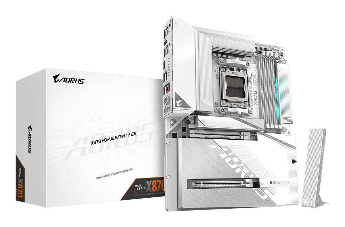 GIGABYTE X870 AORUS Stealth Ice Mainboard – Supports AMD Ryzen 9000 CPUs, digital 16+2+2 phase VRM, up to 8200 MHz DDR5 (OC), 2 x PCIe 5.0 + 2 x PCIe 4.0, Wi-Fi 7, 5 GbE LAN, USB 4