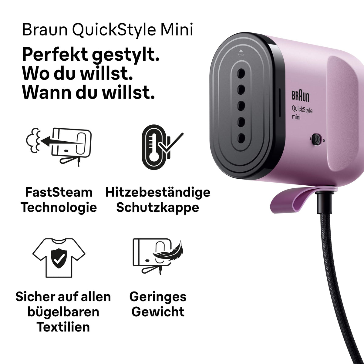 Braun QuickStyle mini - Fier de călcat cu aburi, până la 20 g/min putere de abur, Violet - GS1031PU