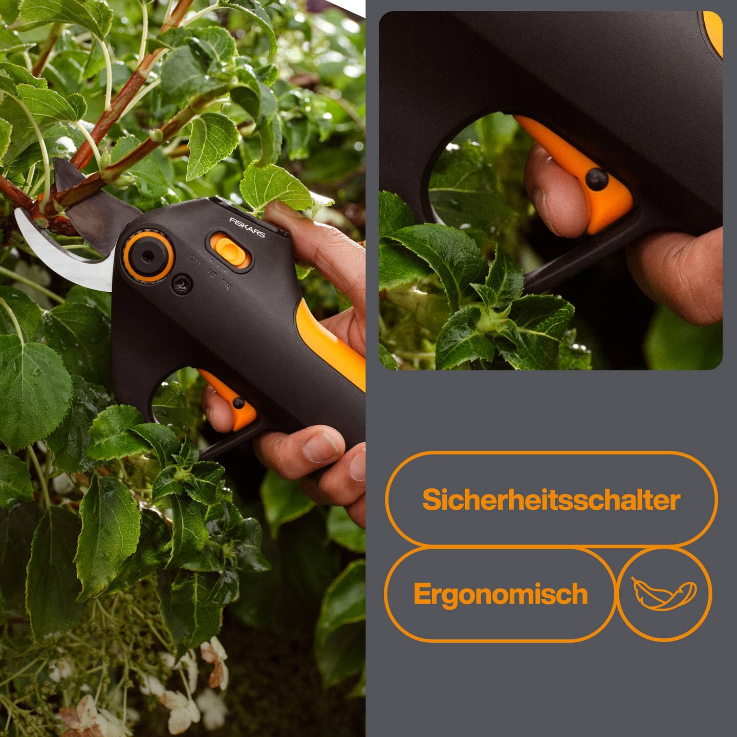 Fiskars cordless secateurs M Bypass, integrated 8V lithium-ion battery, 2 cutting modes, up to 3,500 cuts per charge, for branches up to Ø 25 mm, USB-C charging cable, black/orange, 1082297