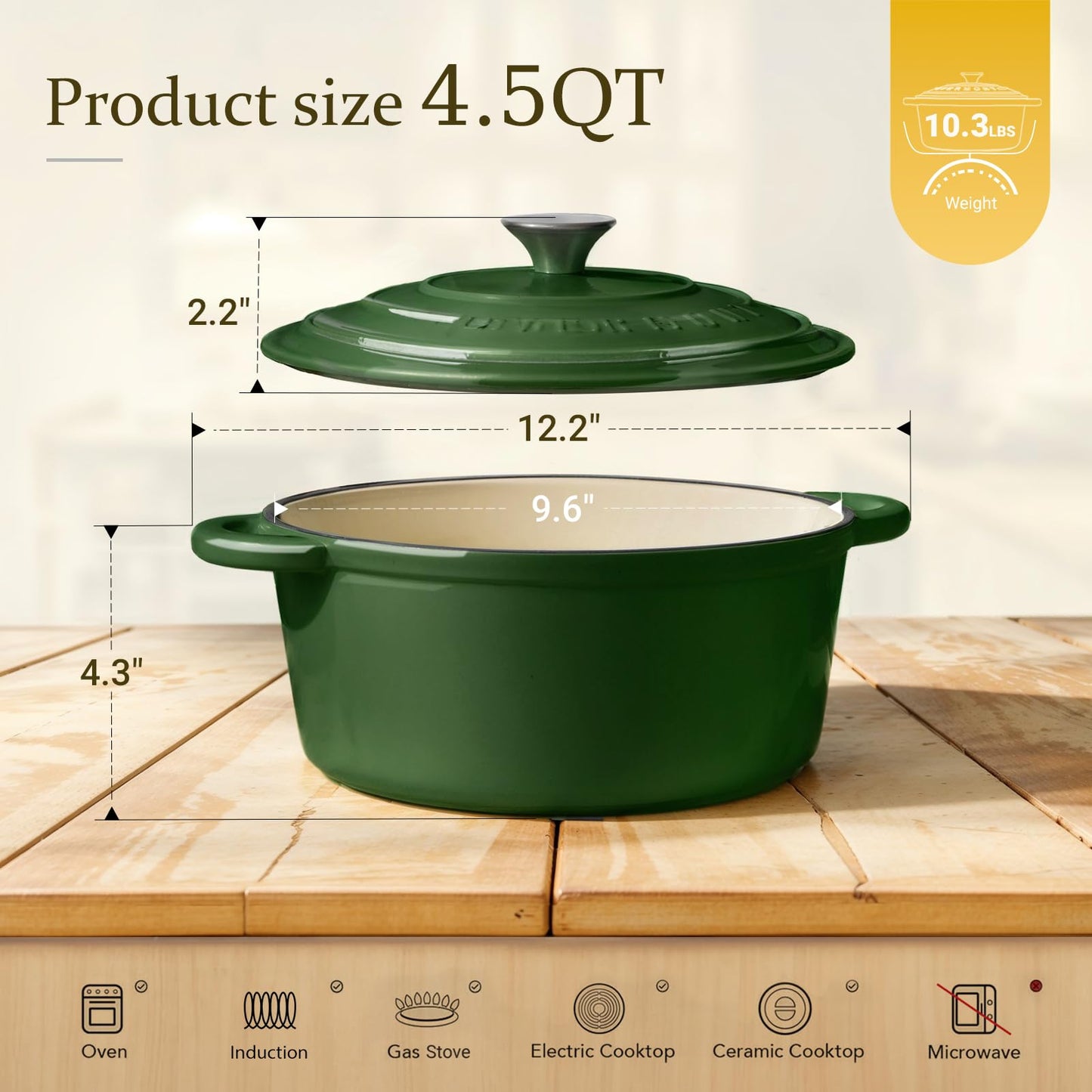 Overmont roasting pan enamel cast iron pot - casserole 24cm oven-safe - with lid and cookbook - for kitchen baking stewing roasting light green - 24CM-Enamel-Highlighter