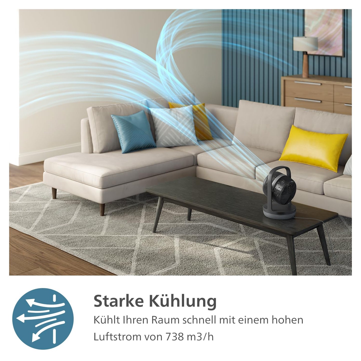 Philips Oscillating Table Fan Series 3000, Strong & Super Quiet with SilentWings Technology at 23 dB, Easy to Carry, Tilt 180°, Timer, Black (CX3050/01)