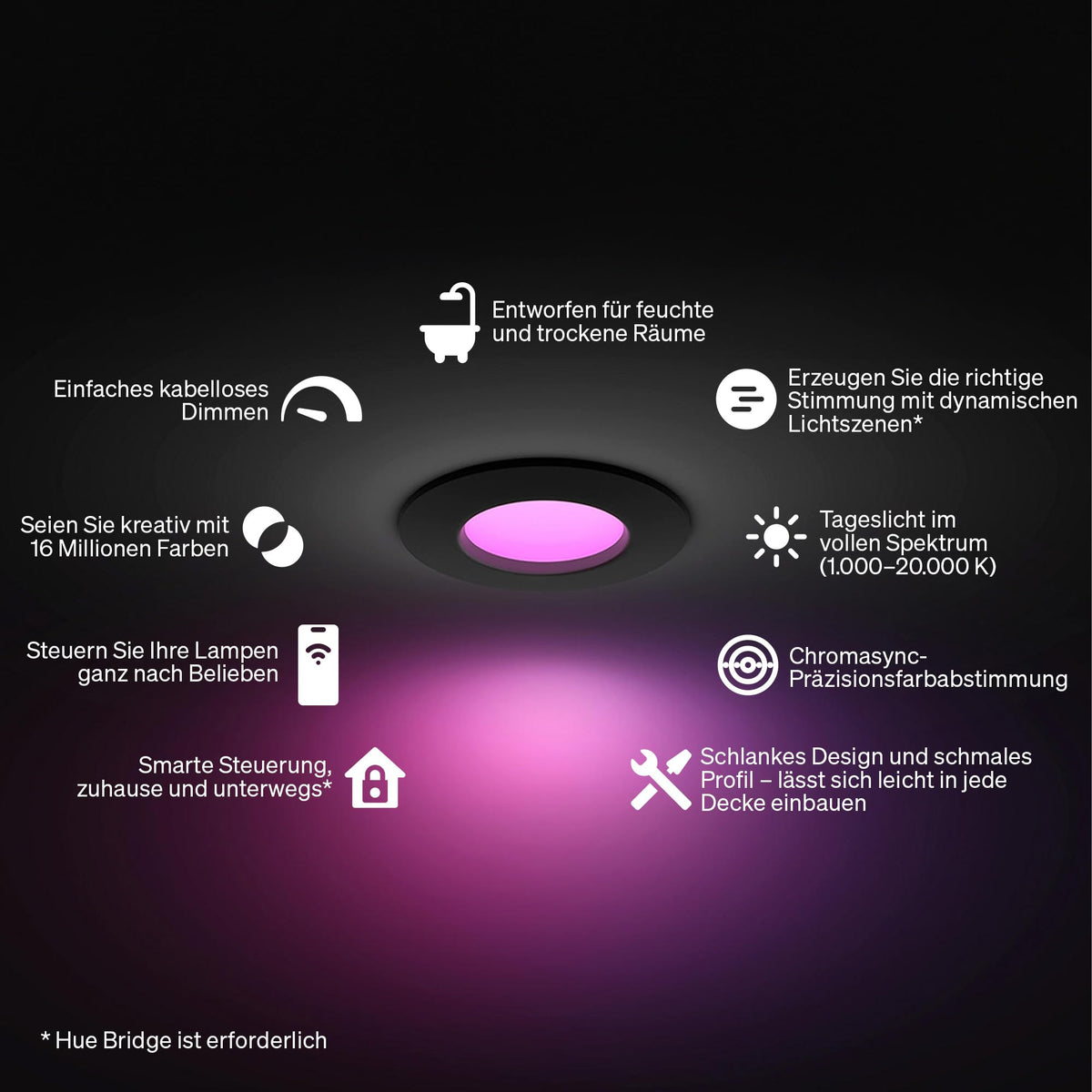 Philips Hue Slim Downlight, LED ceiling light, 1,000 lm, 90 mm, slim design, full spectrum daylight 1,000–20,000 K, extremely dimmable, precise color, smart lighting, black, 3-pack - 929004291102